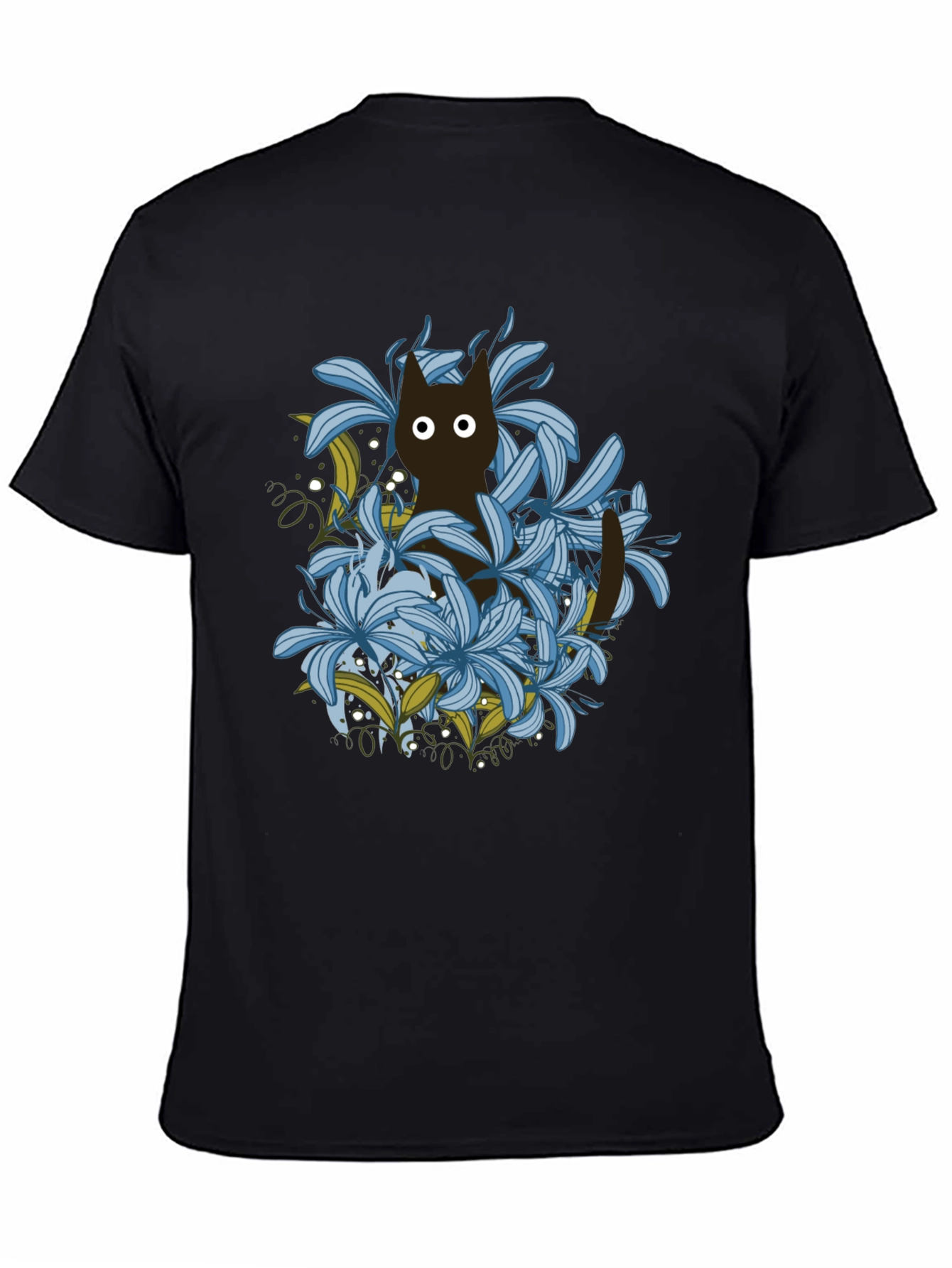 Floral Cat Black T-Shirt
