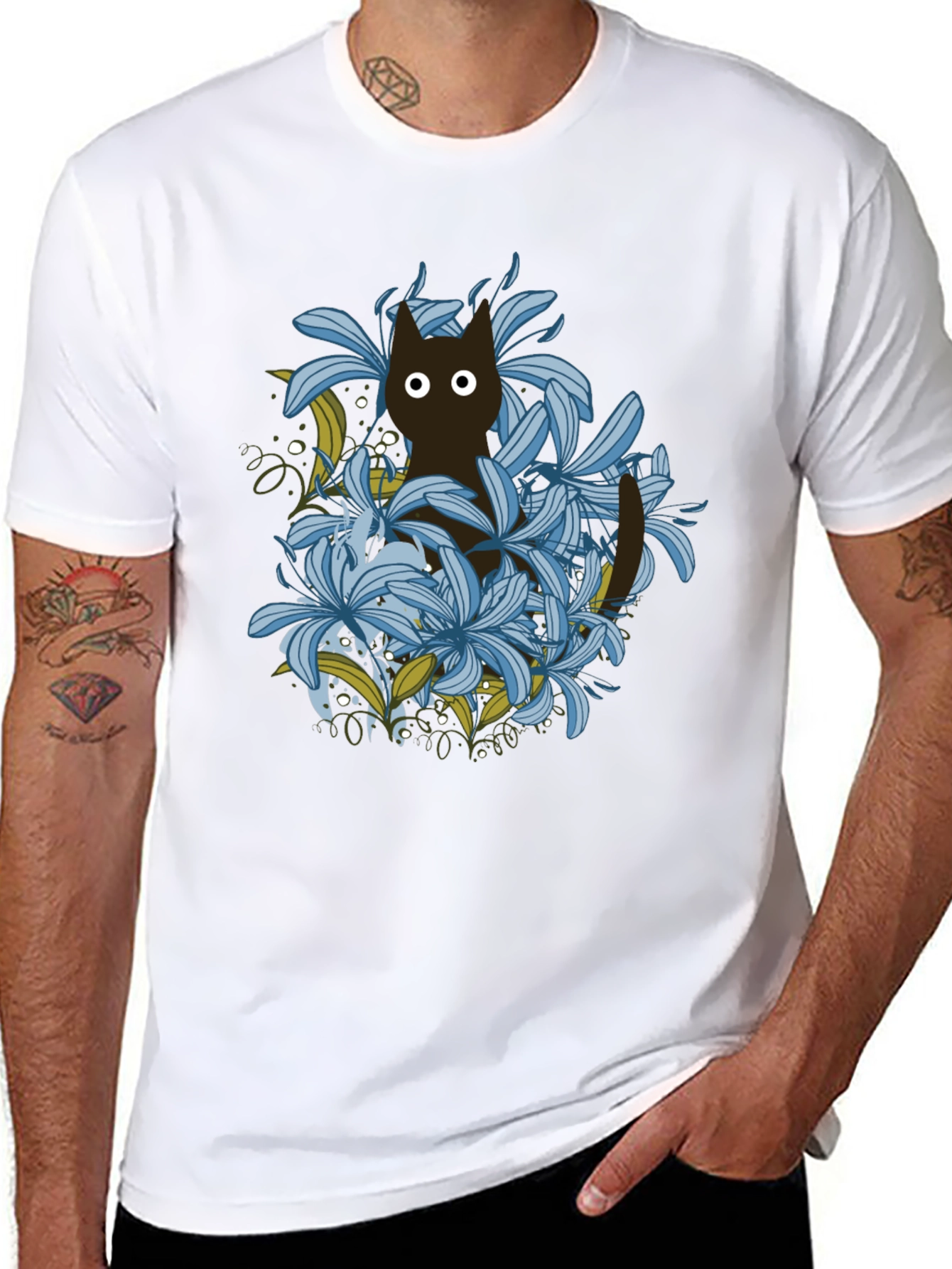 Floral Cat Black T-Shirt