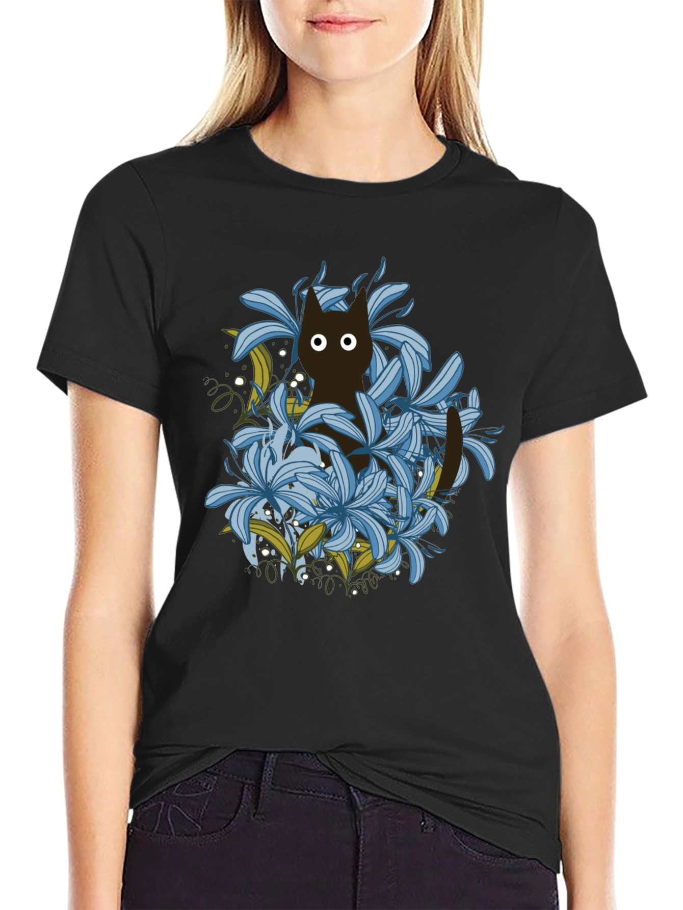 Floral Cat Black T-Shirt