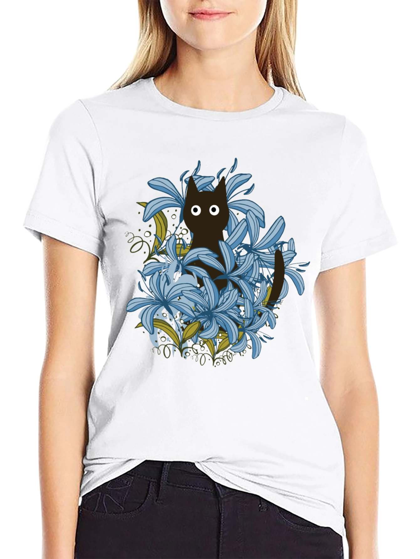 Floral Cat Black T-Shirt