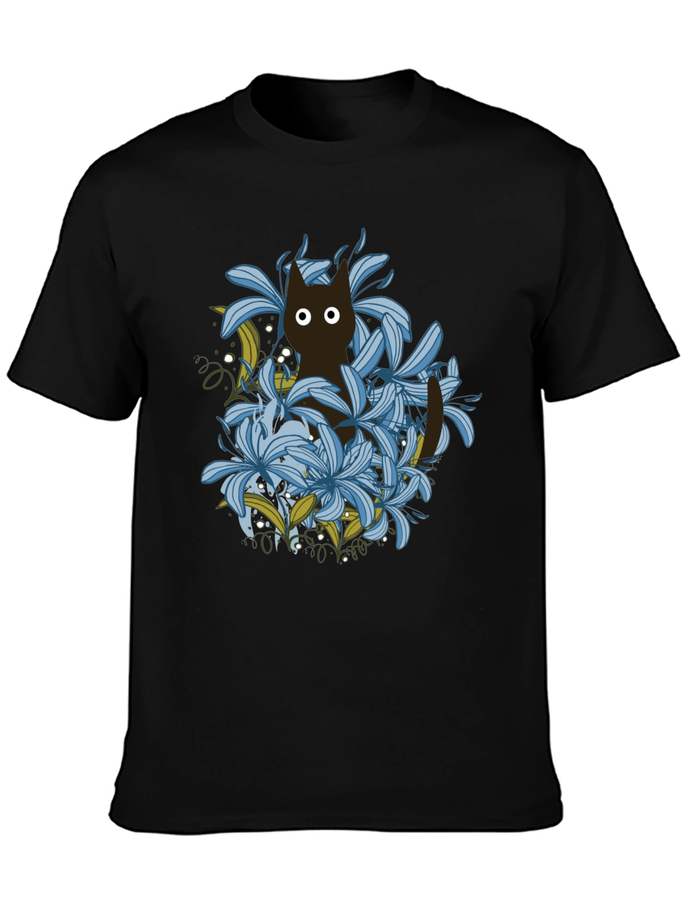 Floral Cat Black T-Shirt