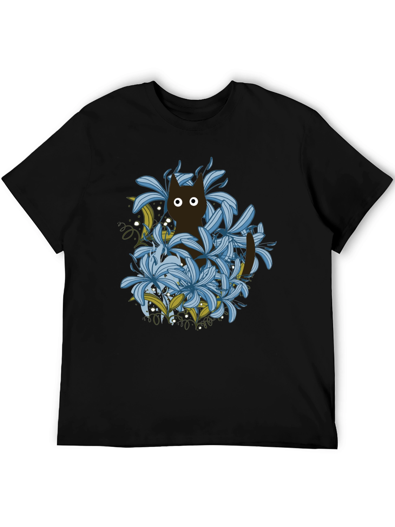 Floral Cat Black T-Shirt