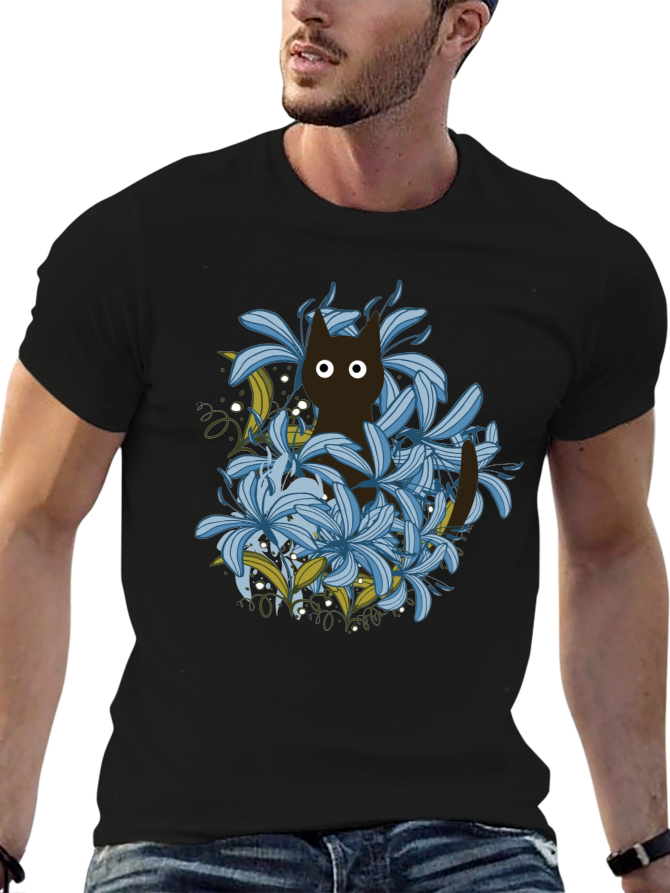 Floral Cat Black T-Shirt
