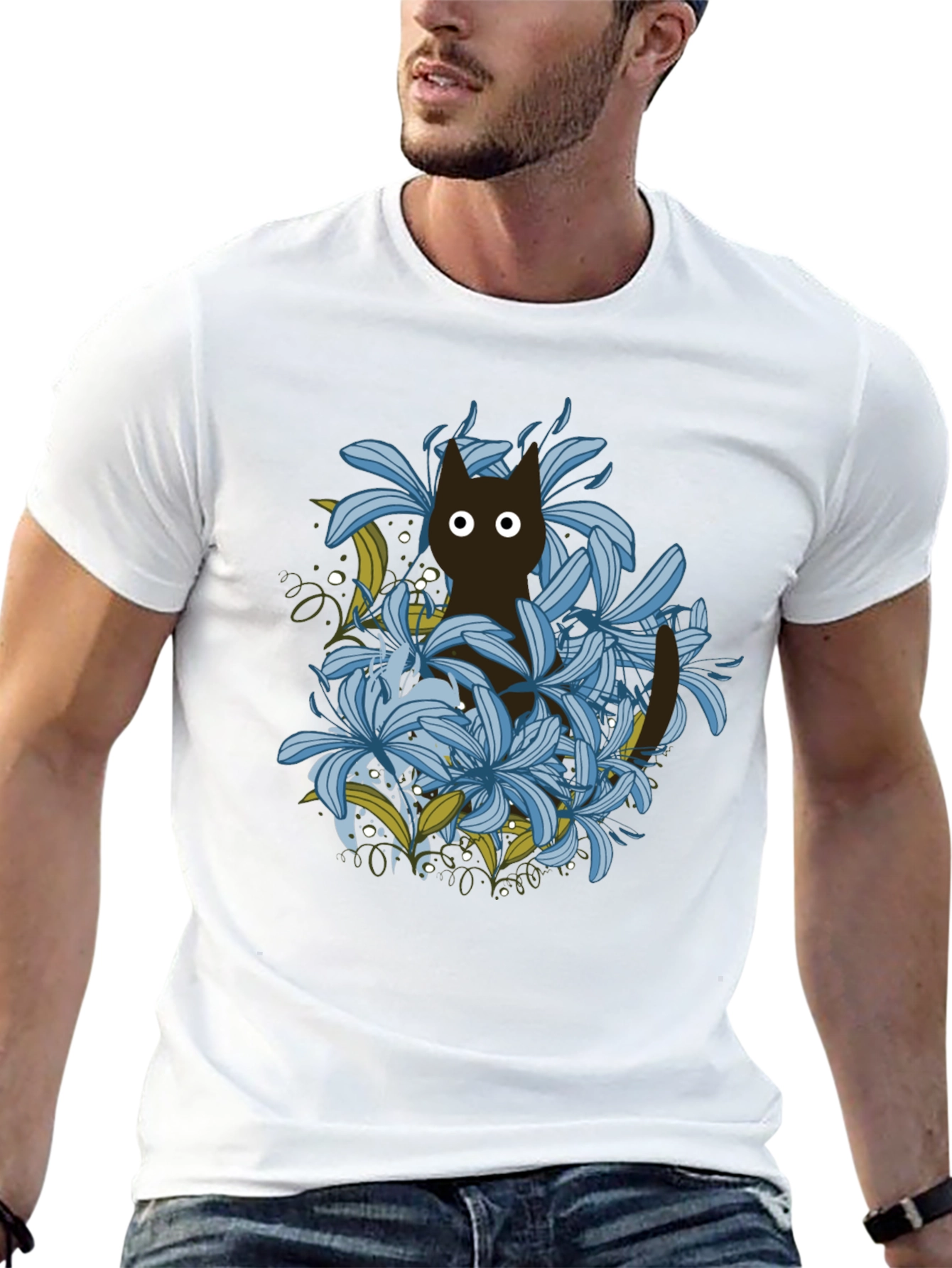 Floral Cat Black T-Shirt