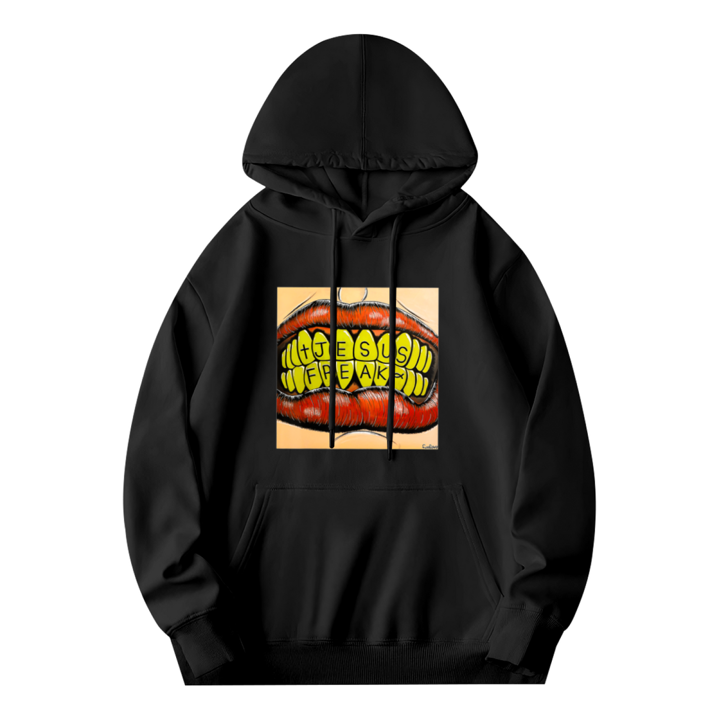 Jesus Freak Mouth Graphic Black Hoodie, Men Street Comfort Hooded Top
