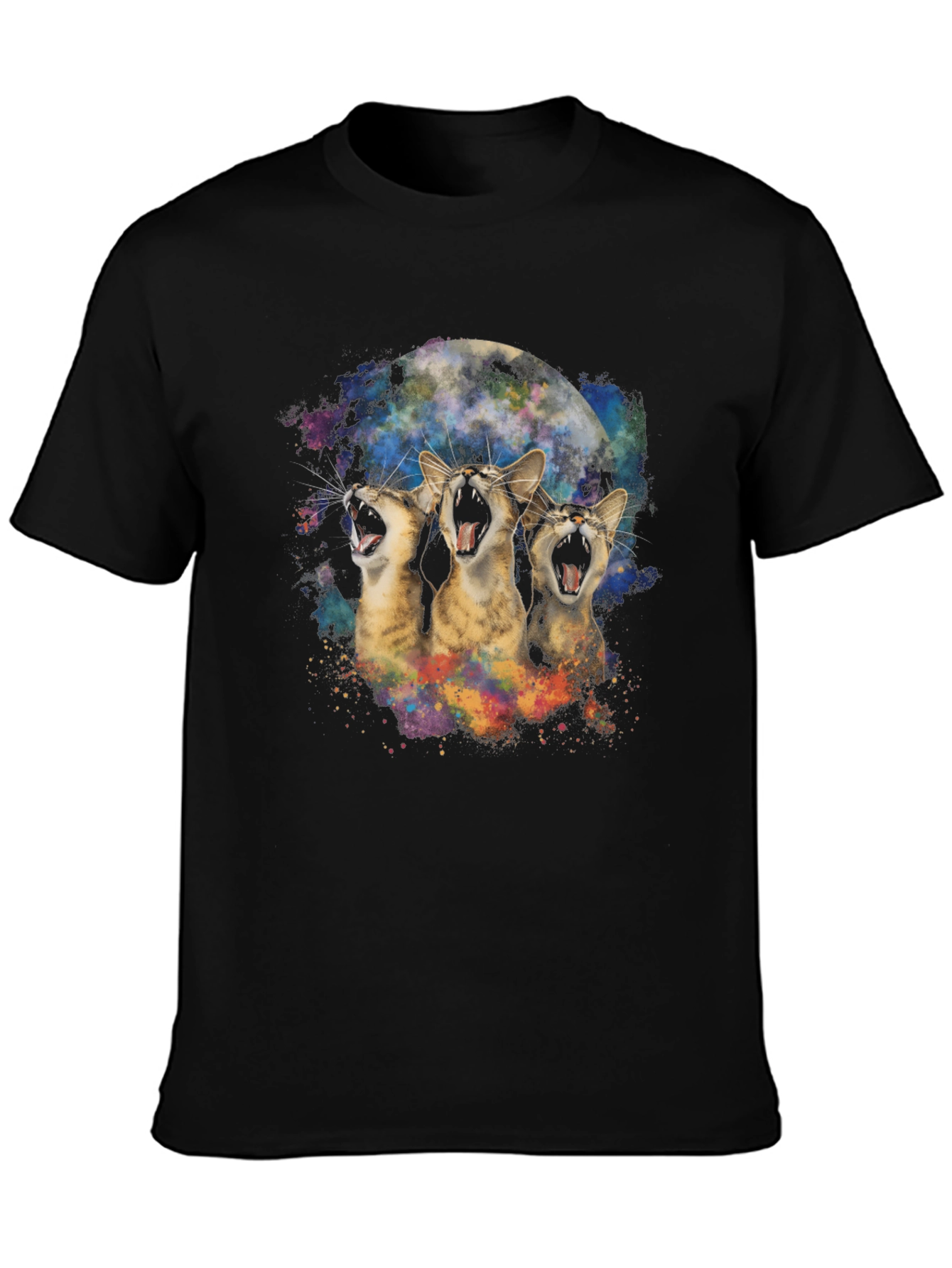 Three Cats Howling at the Moon Black T-Shirt