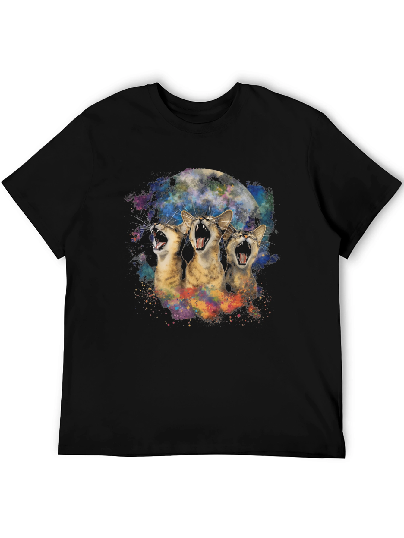 Three Cats Howling at the Moon Black T-Shirt