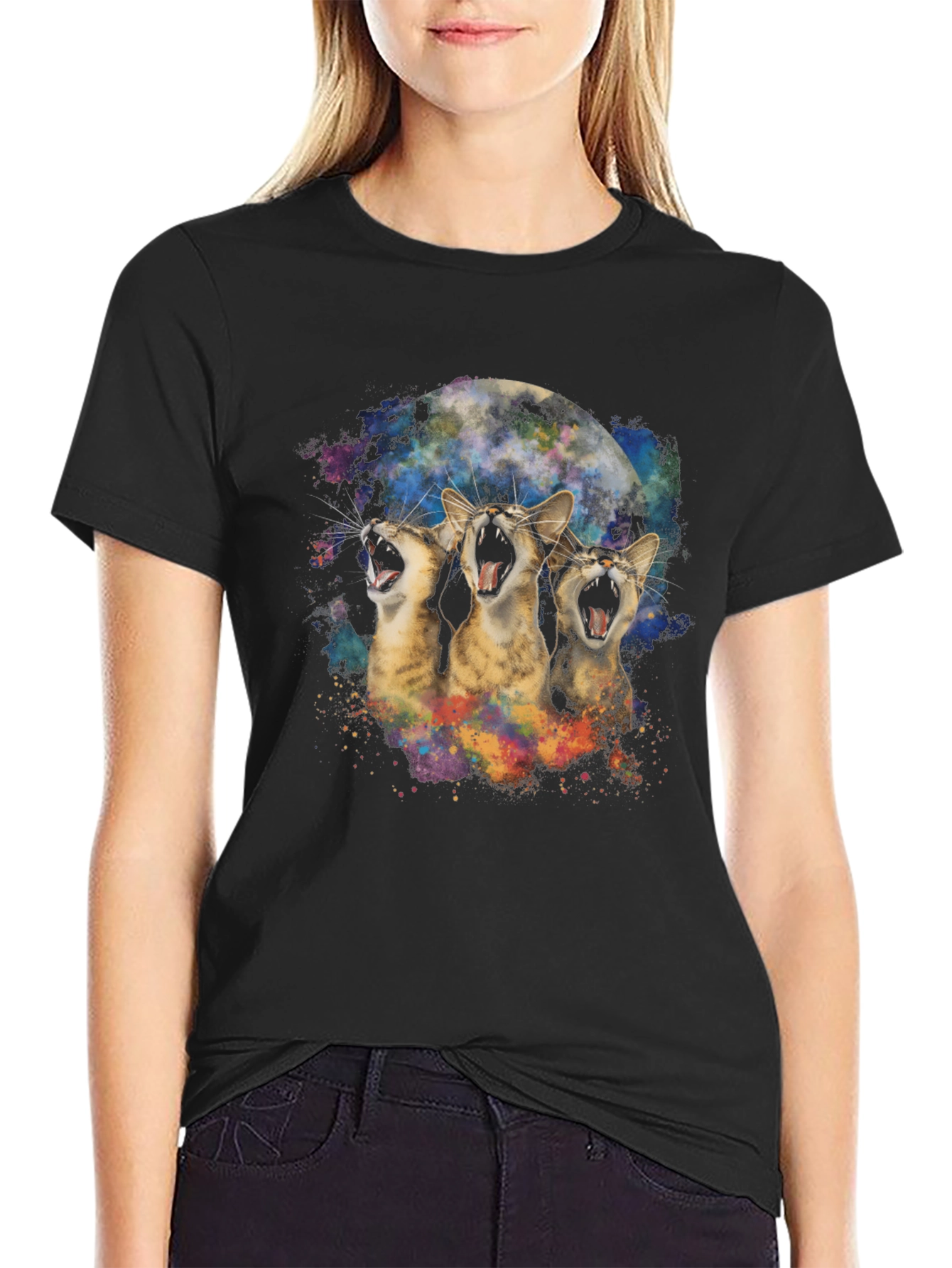 Three Cats Howling at the Moon Black T-Shirt