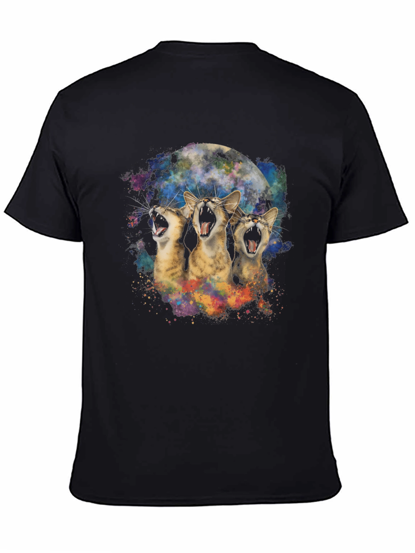 Three Cats Howling at the Moon Black T-Shirt