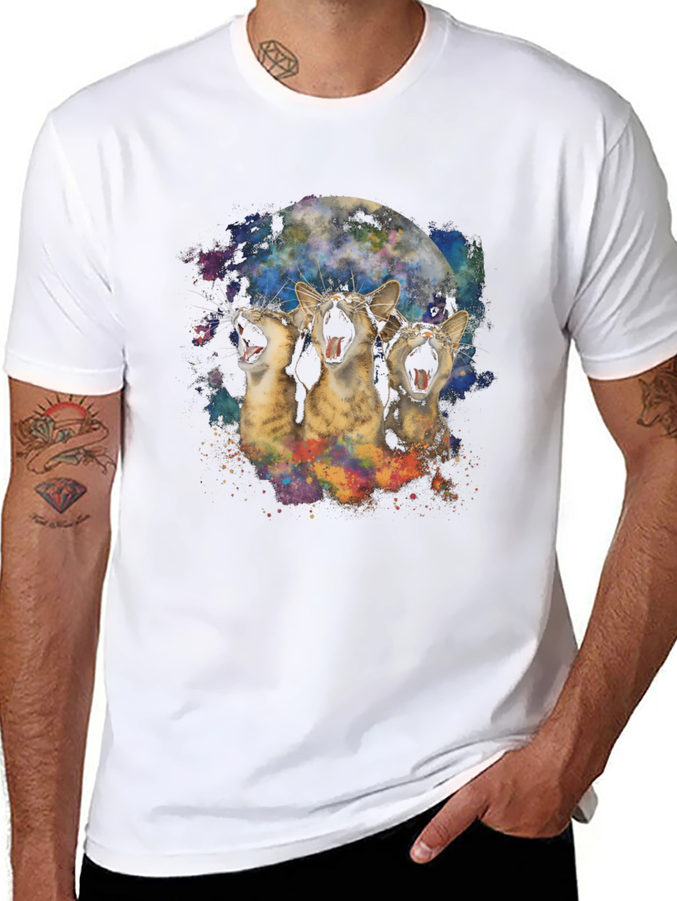 Three Cats Howling at the Moon Black T-Shirt