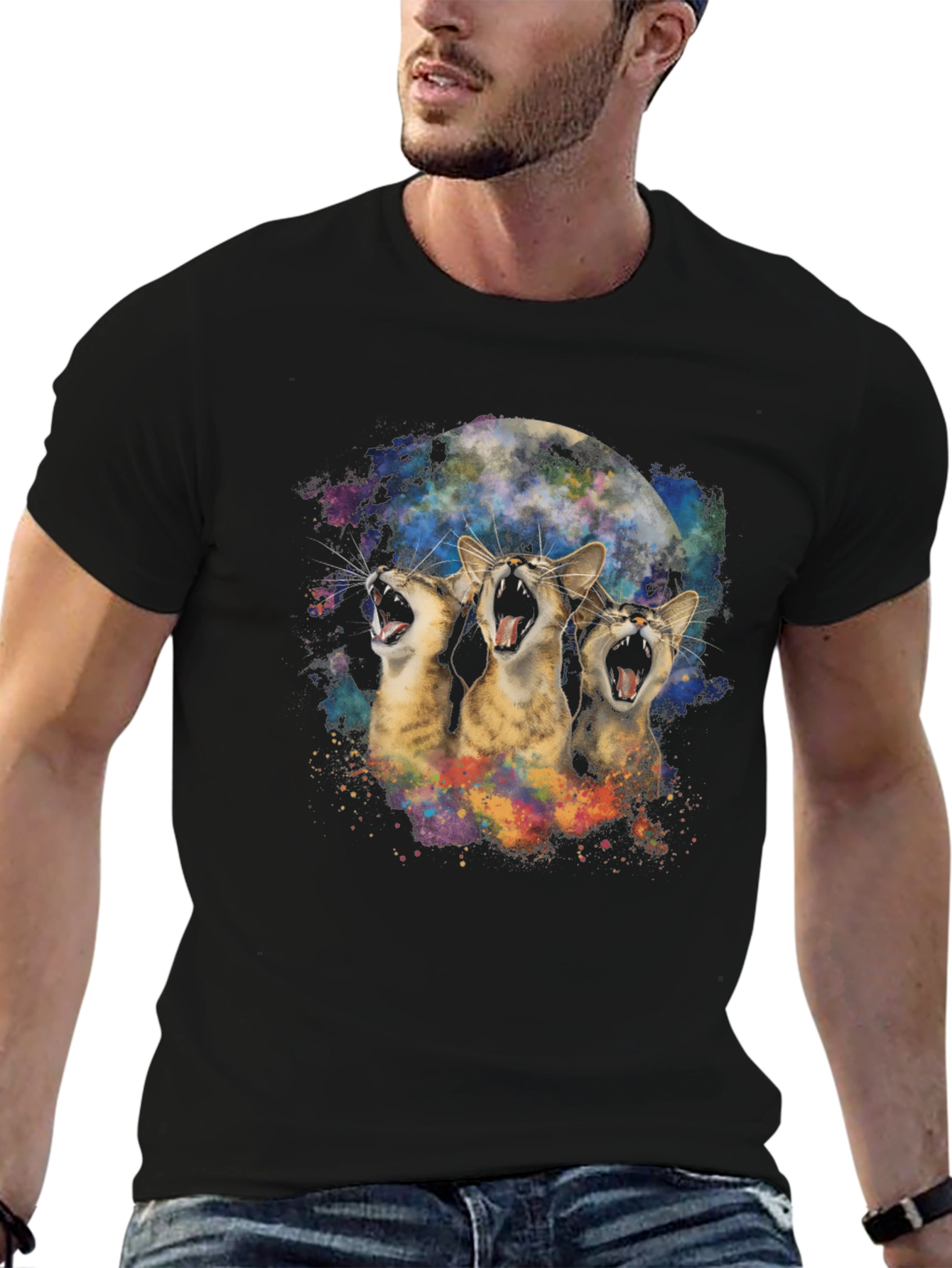 Three Cats Howling at the Moon Black T-Shirt