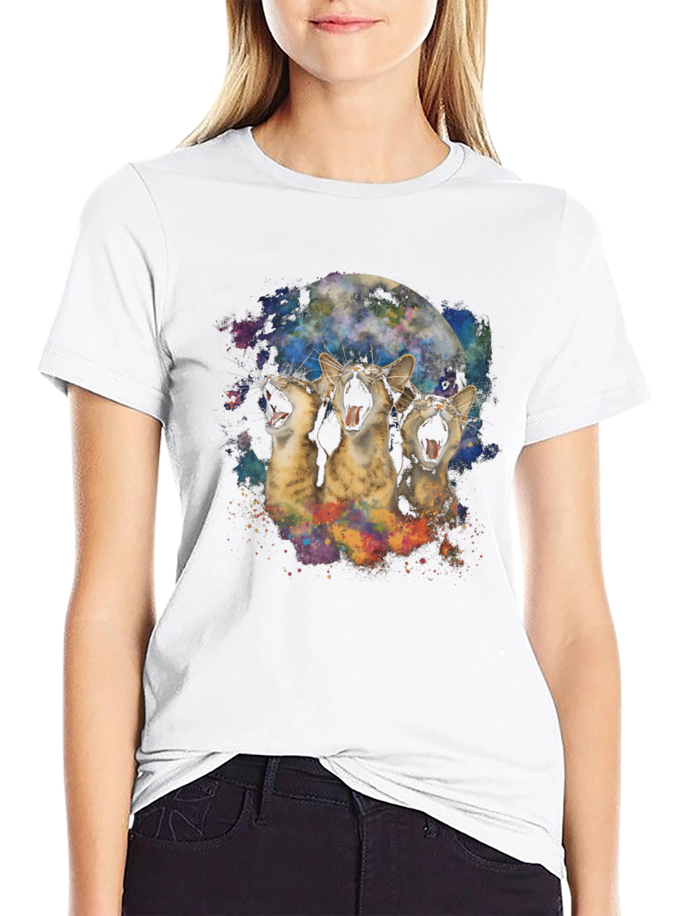 Three Cats Howling at the Moon Black T-Shirt
