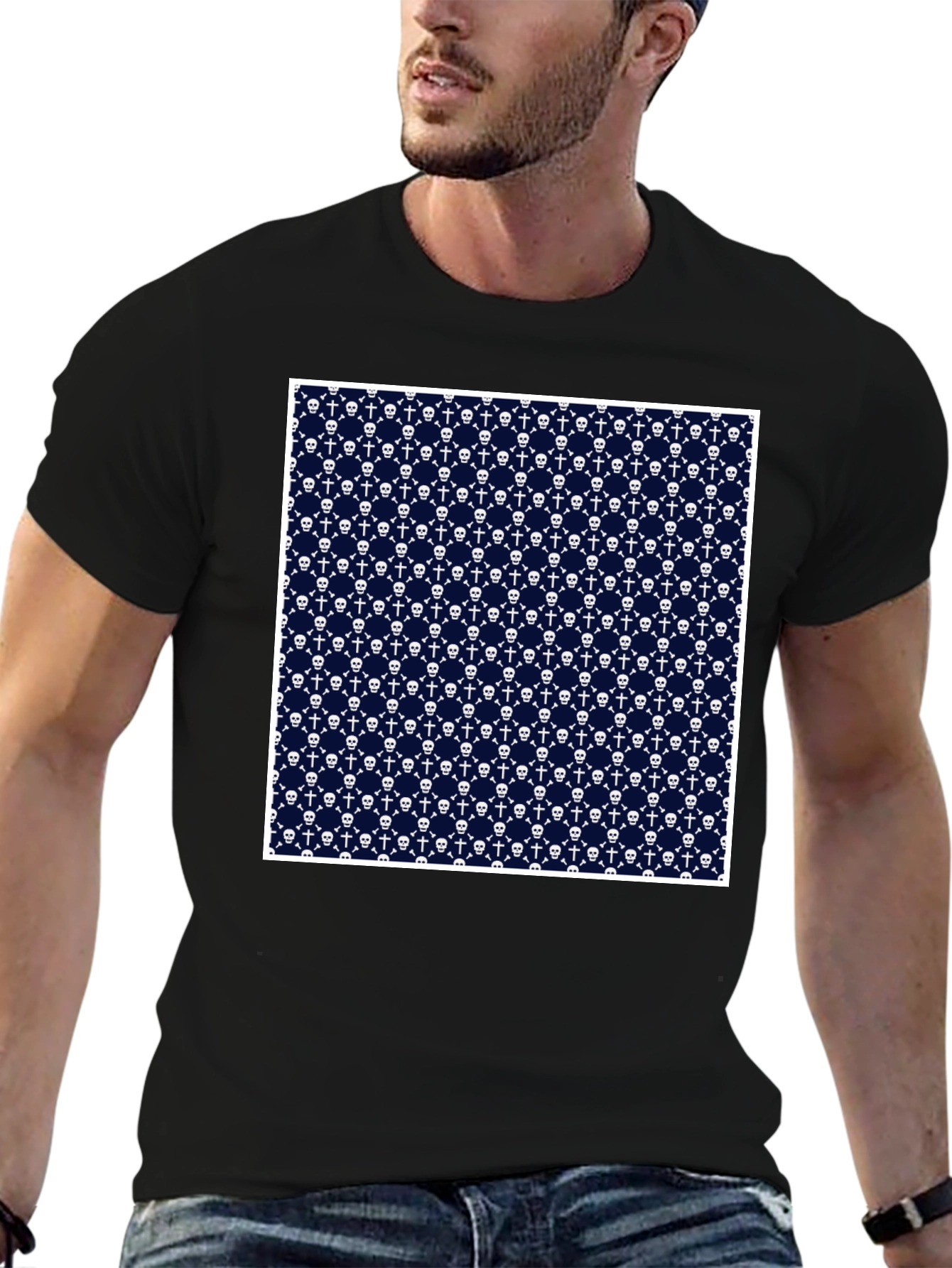 Skull & Crossbones Pattern Tee - Black