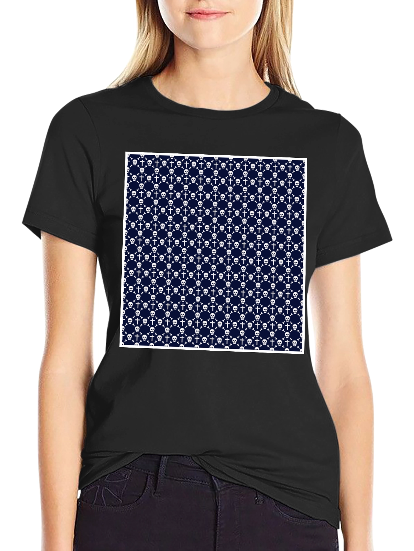 Skull & Crossbones Pattern Tee - Black