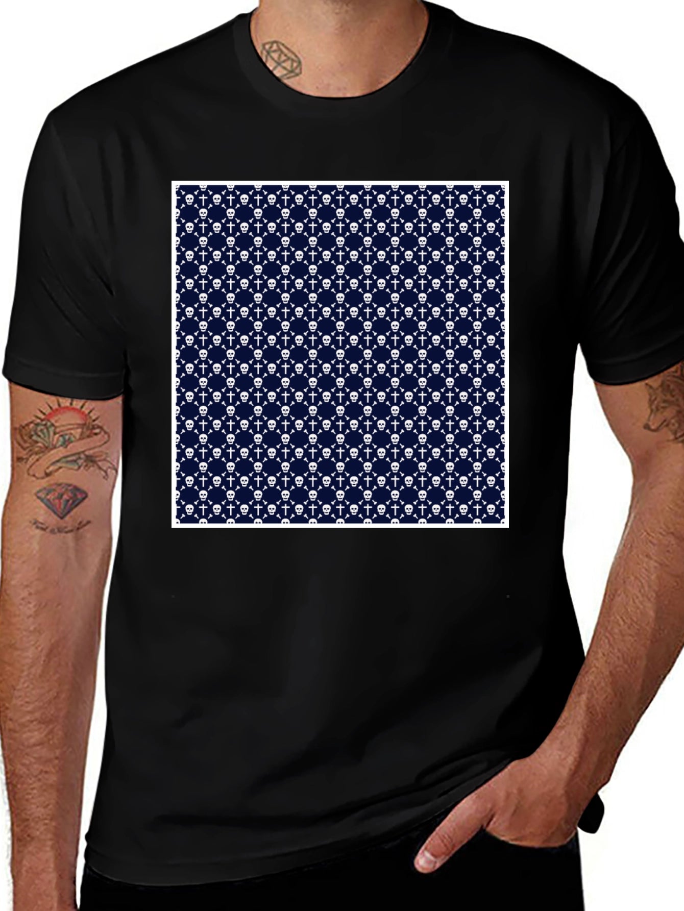 Skull & Crossbones Pattern Tee - Black