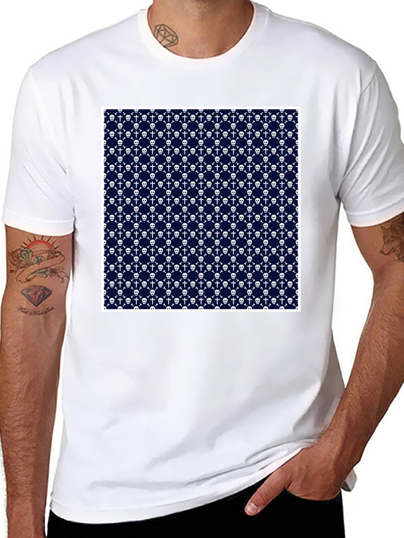 Skull & Crossbones Pattern Tee - Black