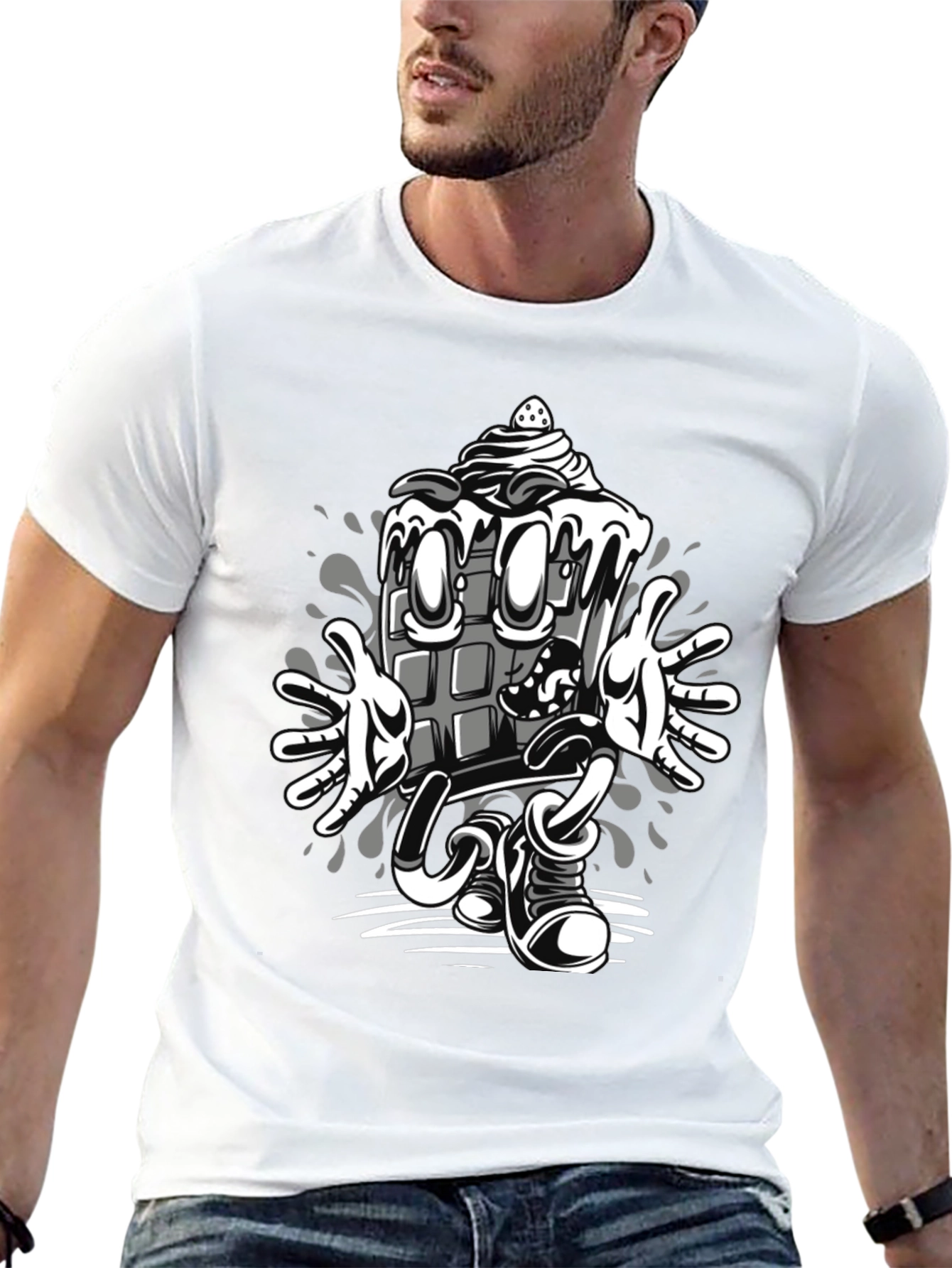 Cartoon Chocolate Bar Graphic Tee - Black Cotton Blend