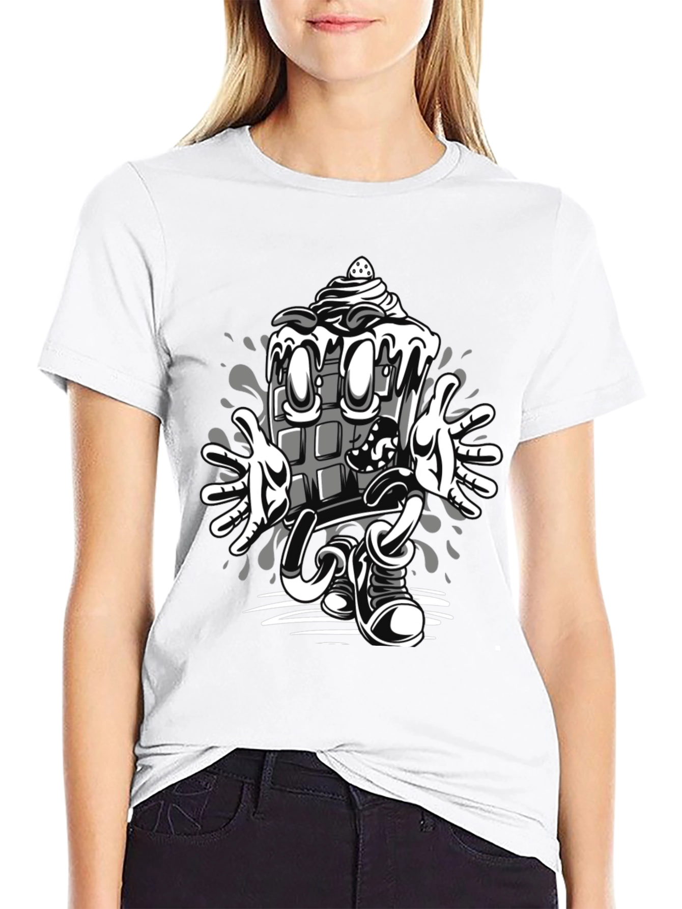 Cartoon Chocolate Bar Graphic Tee - Black Cotton Blend