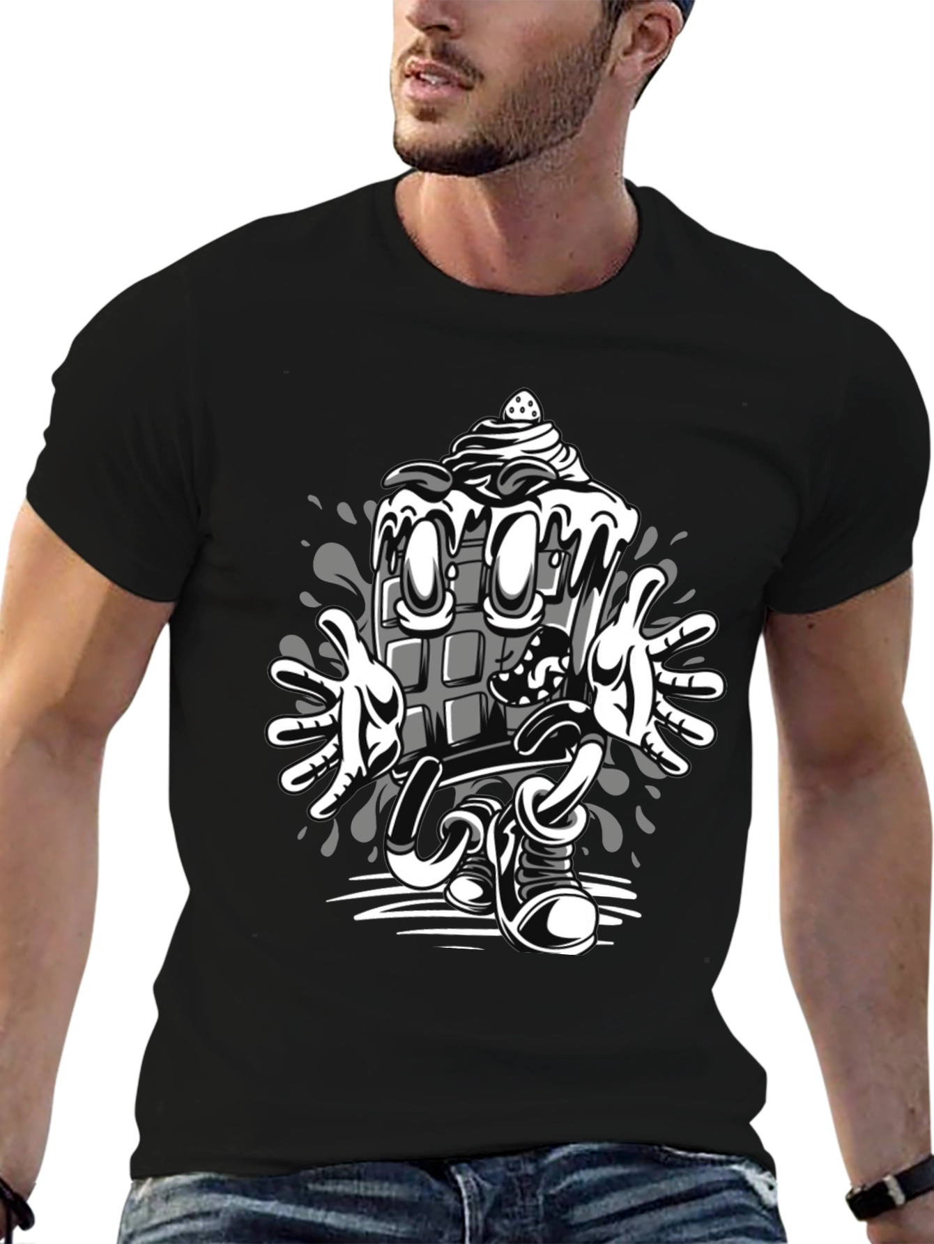 Cartoon Chocolate Bar Graphic Tee - Black Cotton Blend
