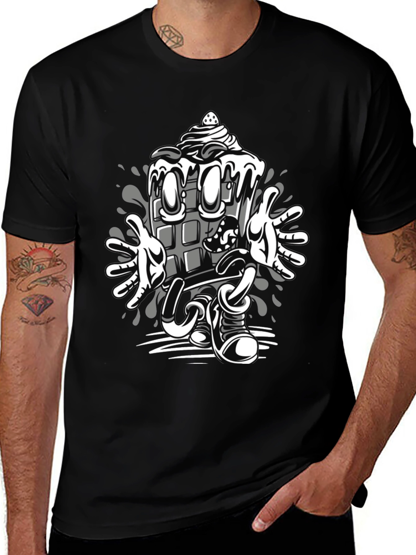 Cartoon Chocolate Bar Graphic Tee - Black Cotton Blend