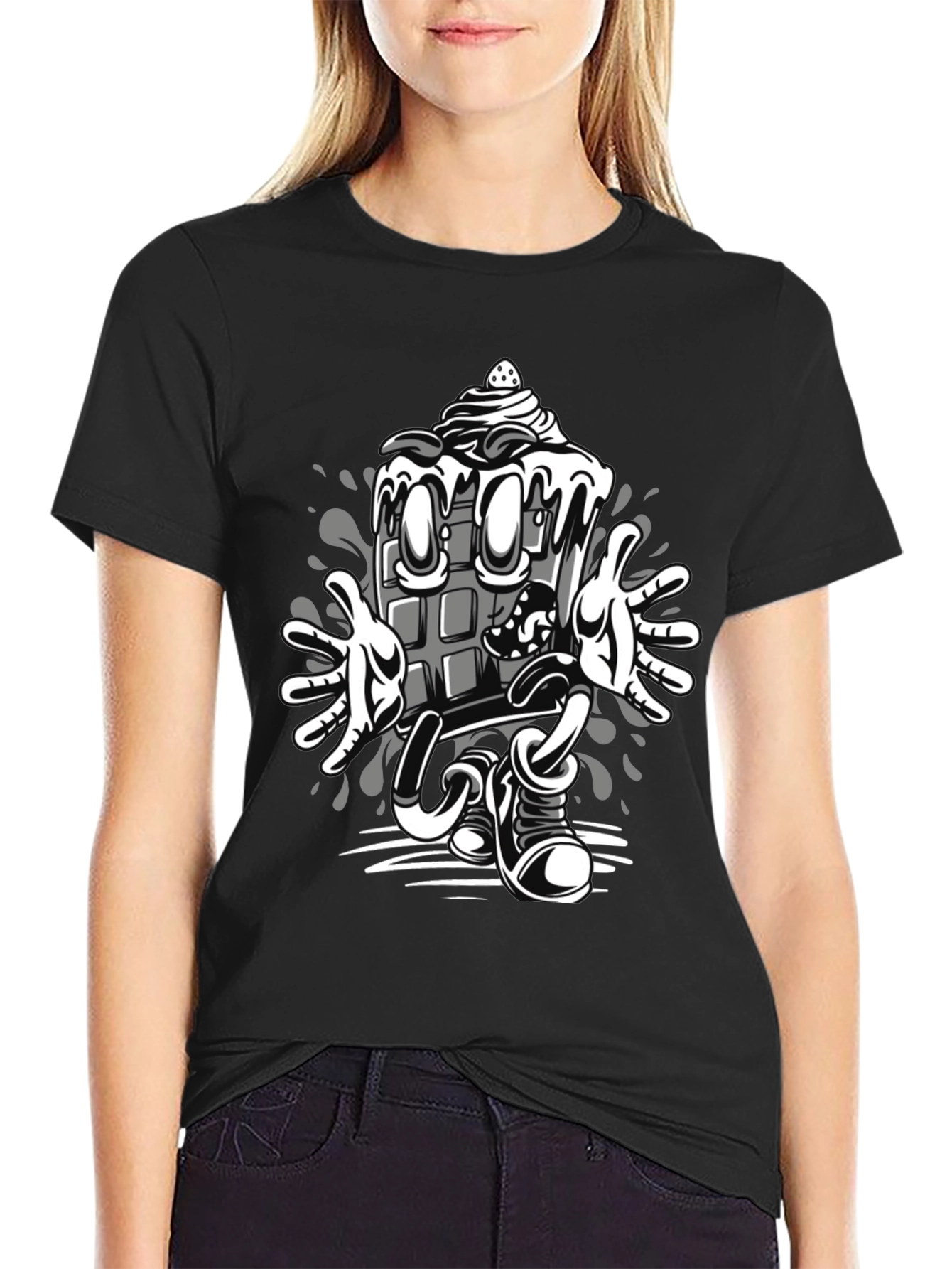 Cartoon Chocolate Bar Graphic Tee - Black Cotton Blend
