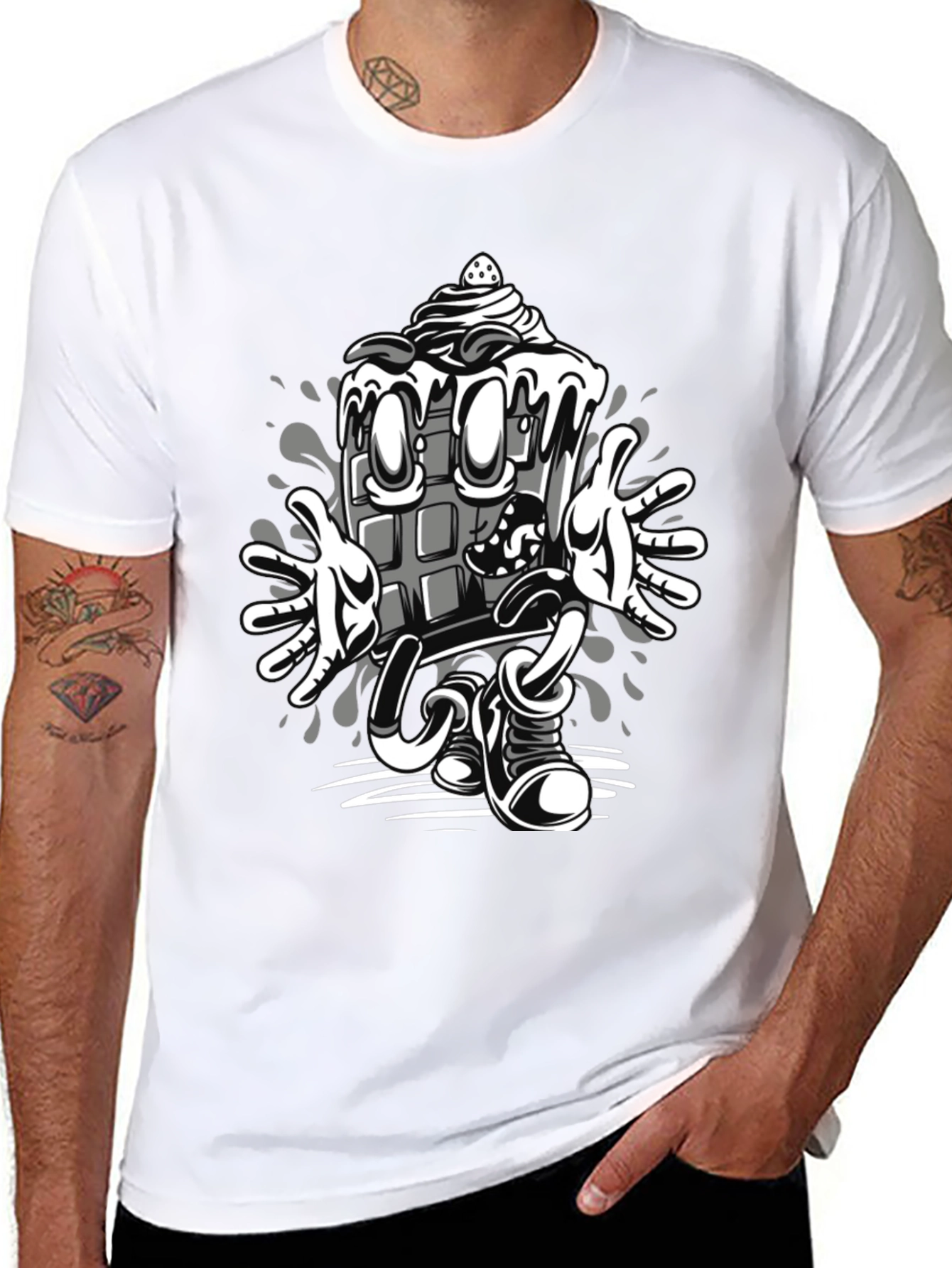 Cartoon Chocolate Bar Graphic Tee - Black Cotton Blend