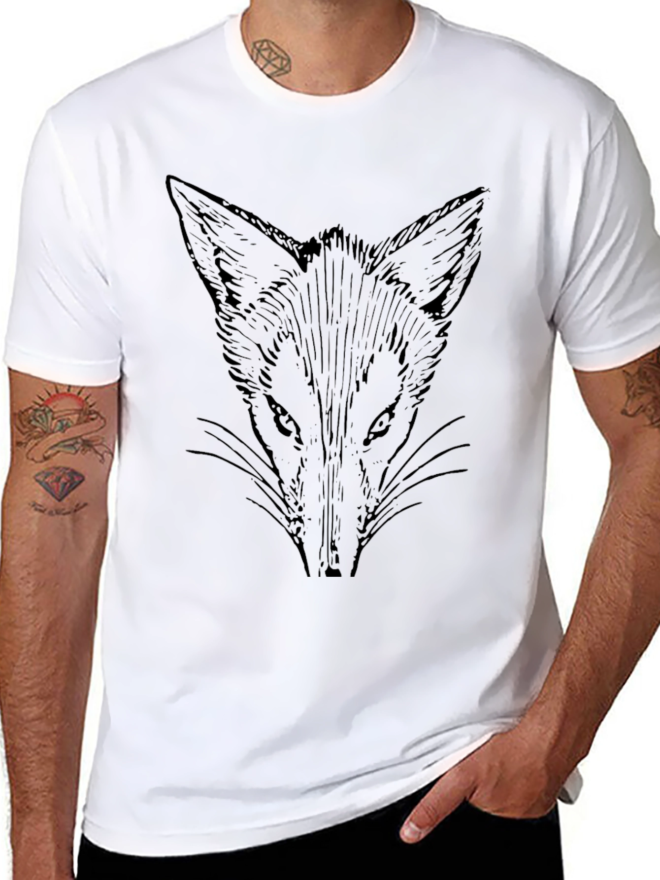 Mens Black T-Shirt with Fox Graphic Print
