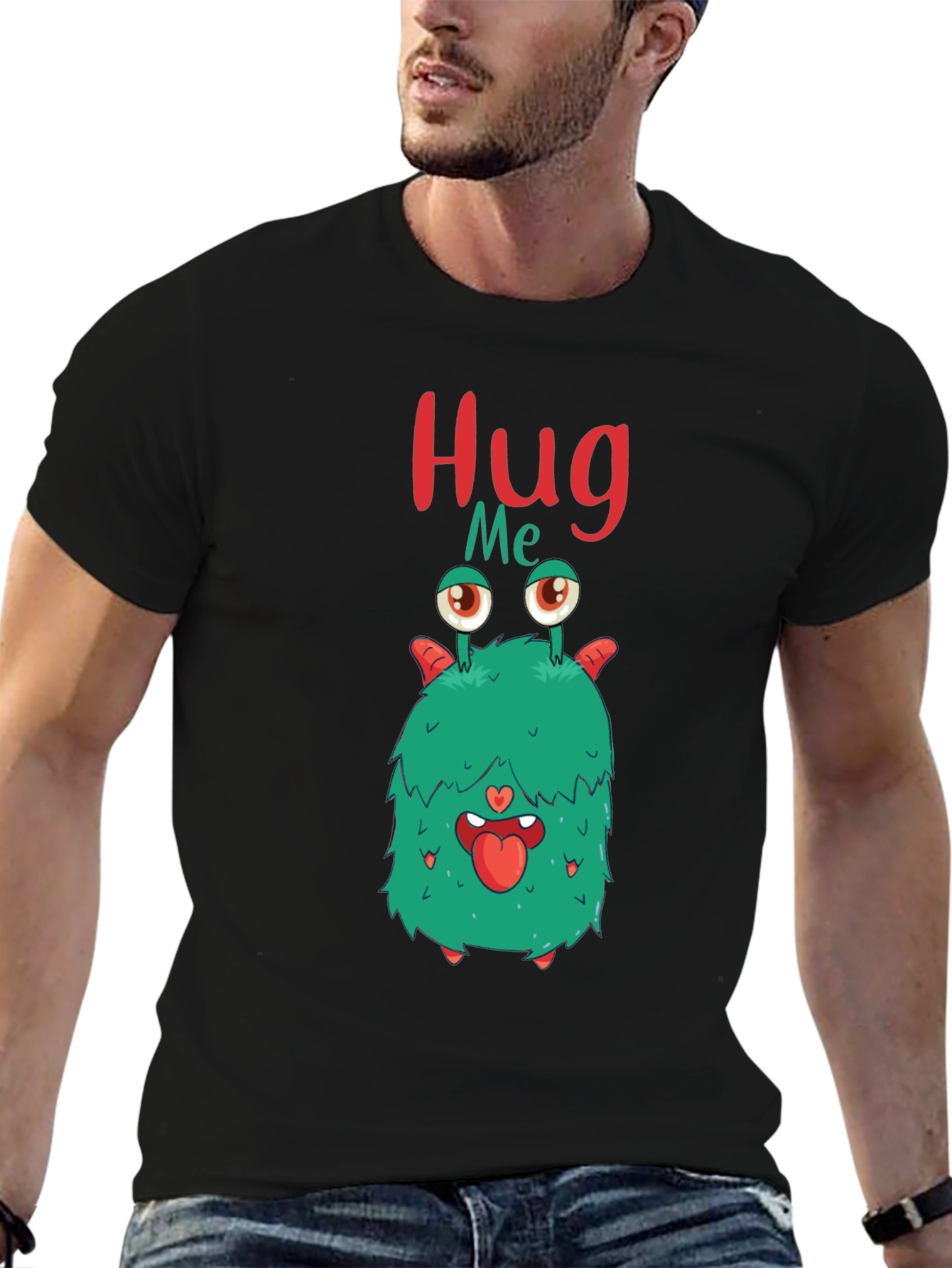 Funny Monster Hug Me Graphic Black T-Shirt