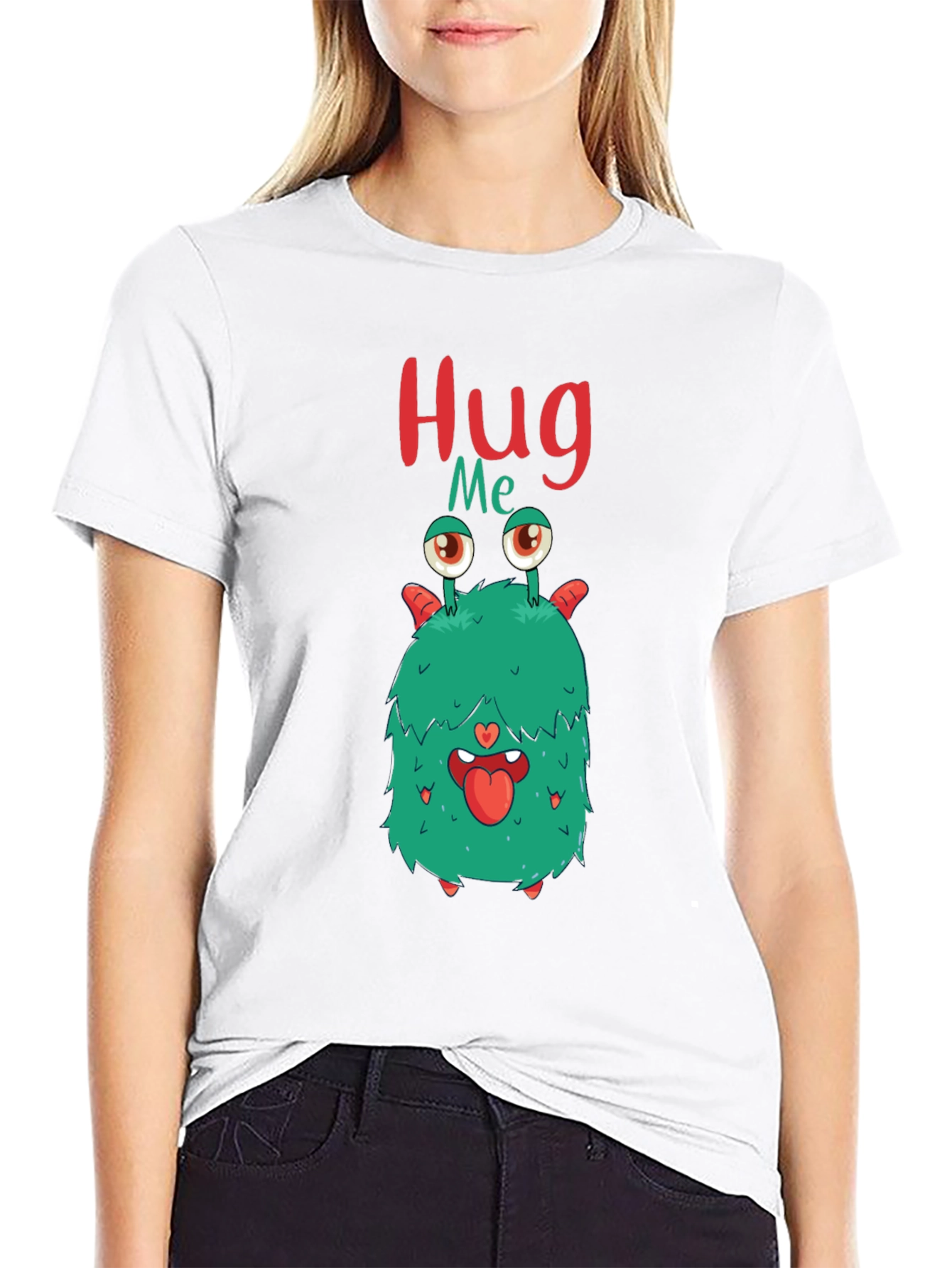 Funny Monster Hug Me Graphic Black T-Shirt