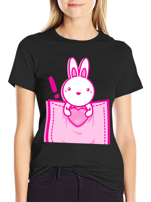 Cute Bunny in Pocket Graphic Tee - Black Cotton Shirt