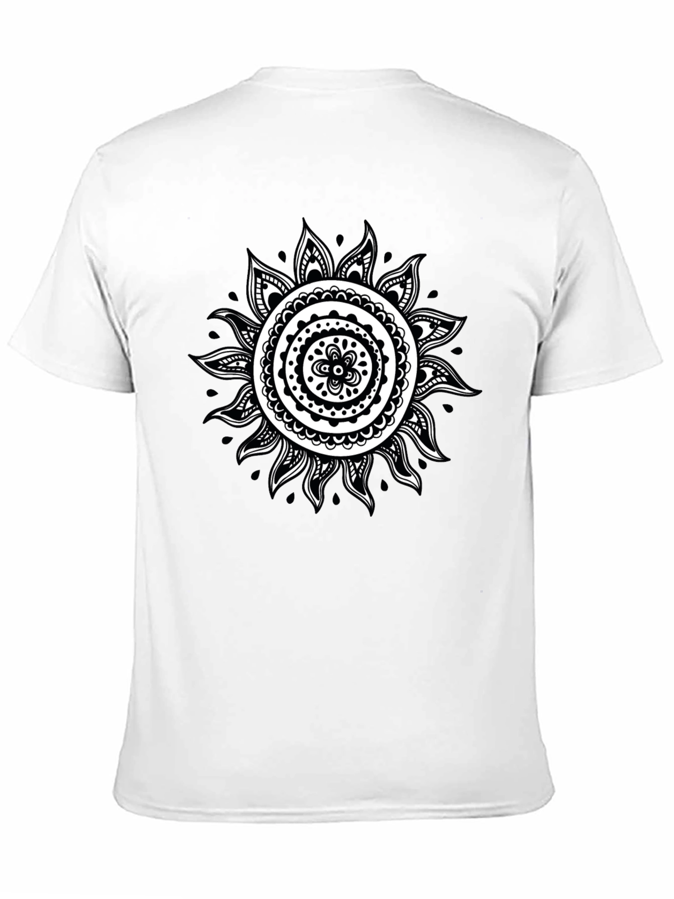 Black T-Shirt with White Sun Mandala Design