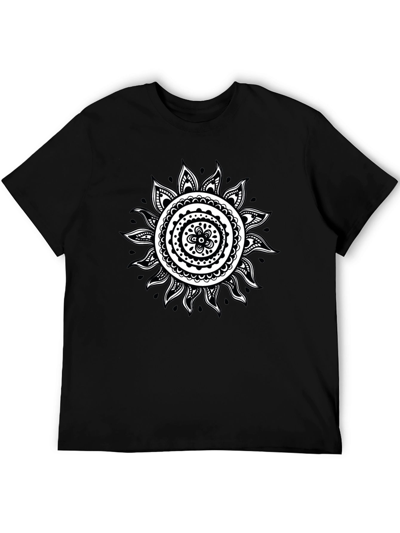 Black T-Shirt with White Sun Mandala Design