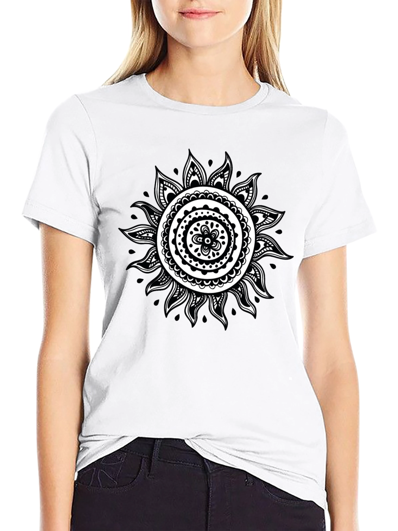Black T-Shirt with White Sun Mandala Design