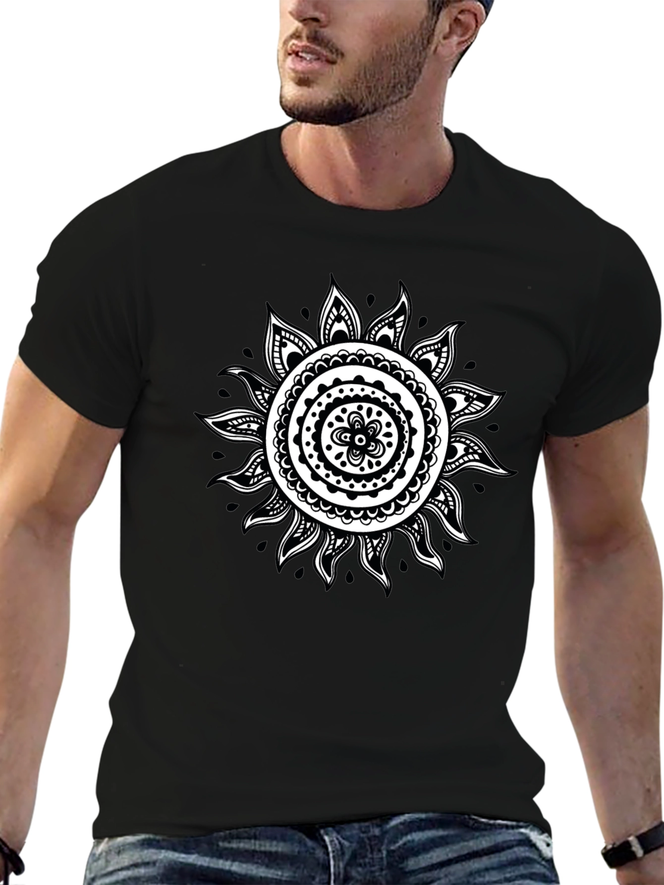 Black T-Shirt with White Sun Mandala Design