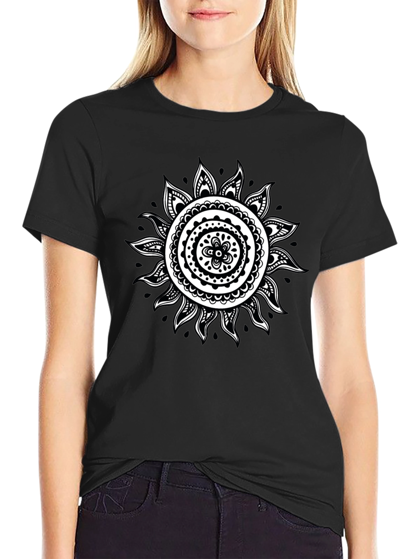 Black T-Shirt with White Sun Mandala Design