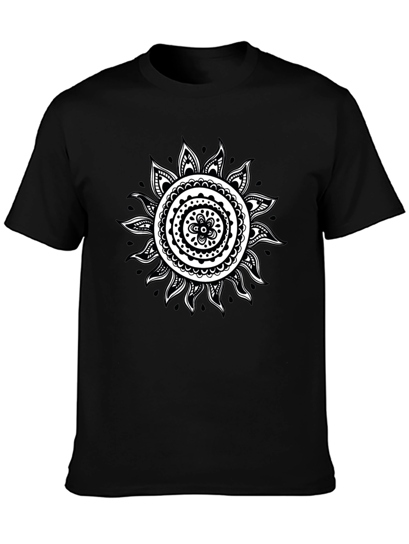 Black T-Shirt with White Sun Mandala Design