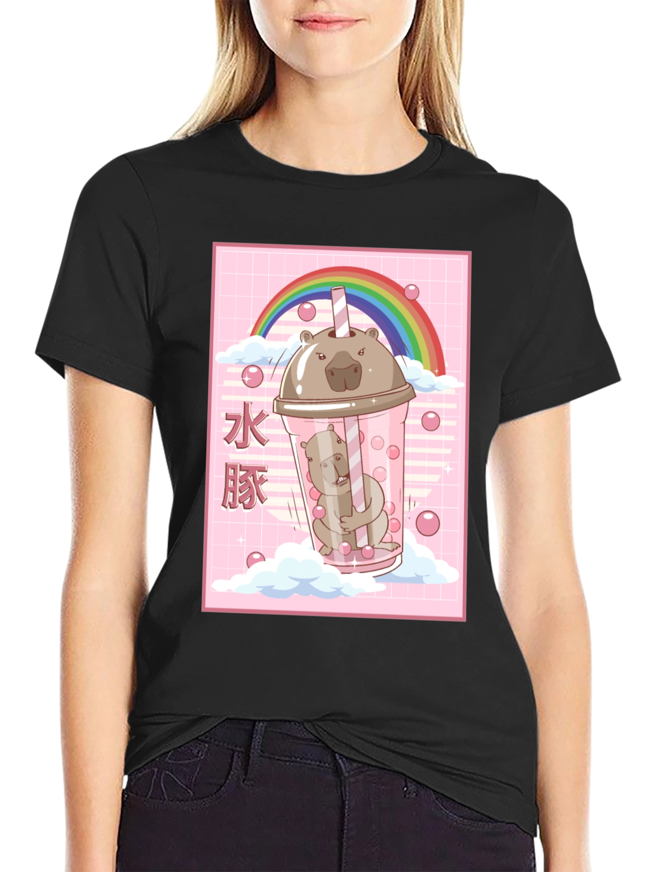 Kawaii Wombat Bubble Tea Black T-Shirt