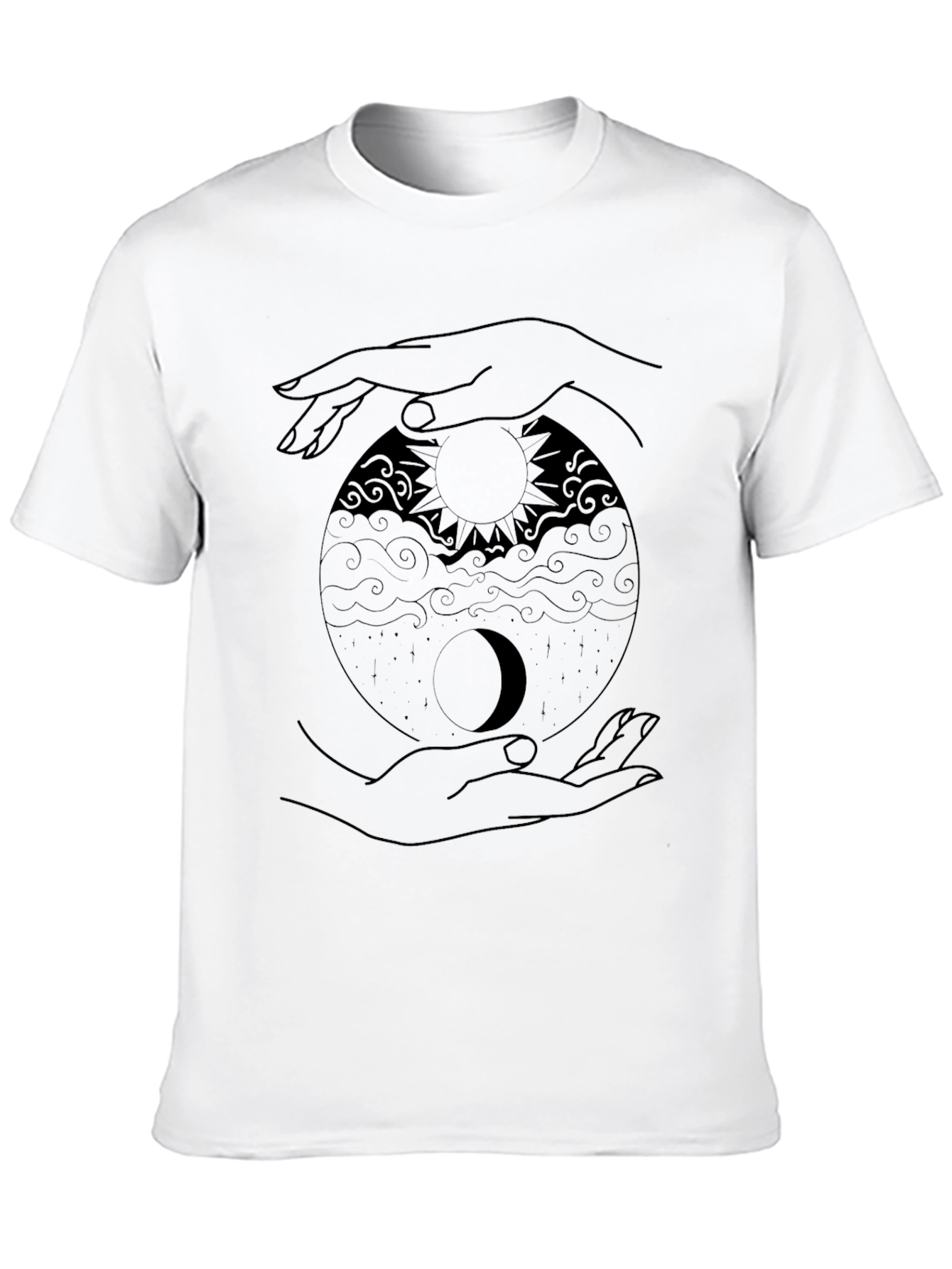 Yin Yang Sun Moon Hands Graphic Tee - Black