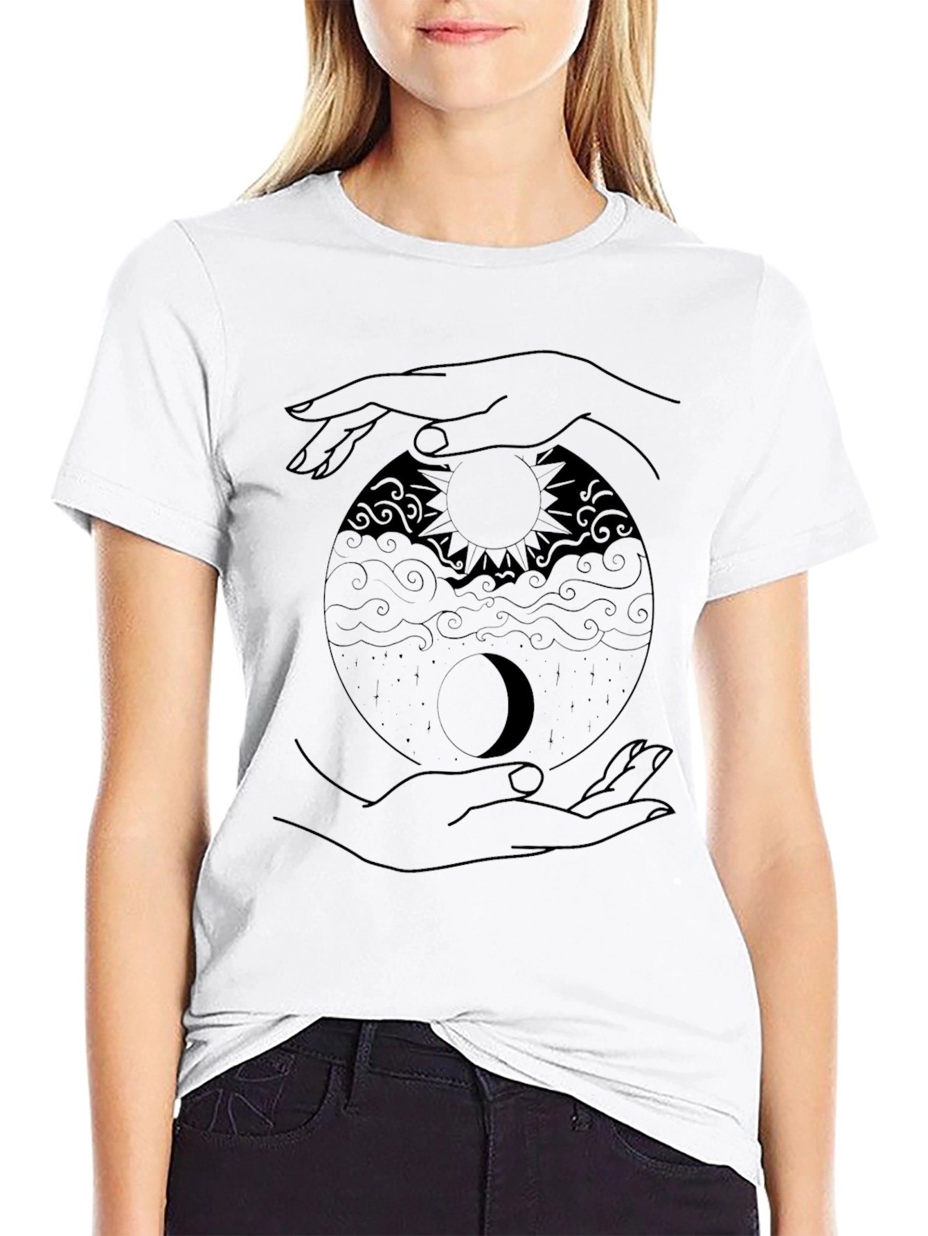 Yin Yang Sun Moon Hands Graphic Tee - Black