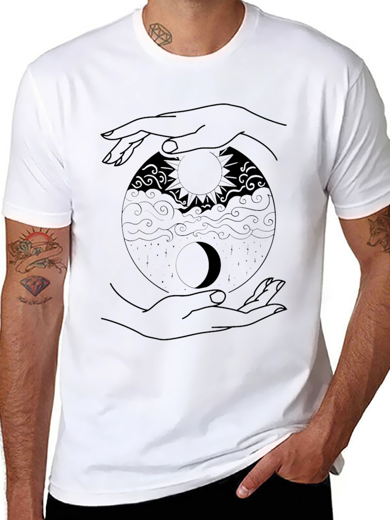 Yin Yang Sun Moon Hands Graphic Tee - Black