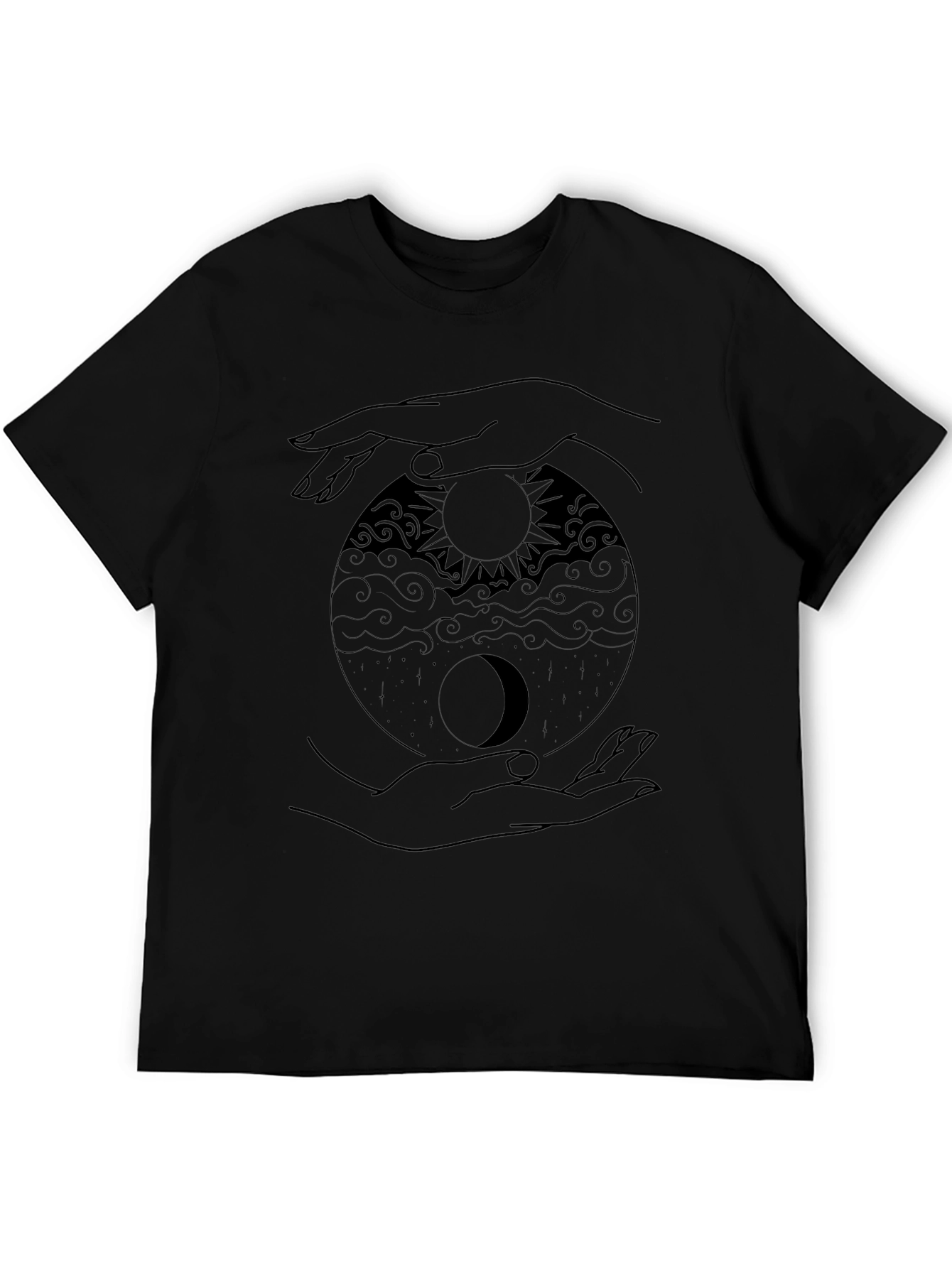 Yin Yang Sun Moon Hands Graphic Tee - Black
