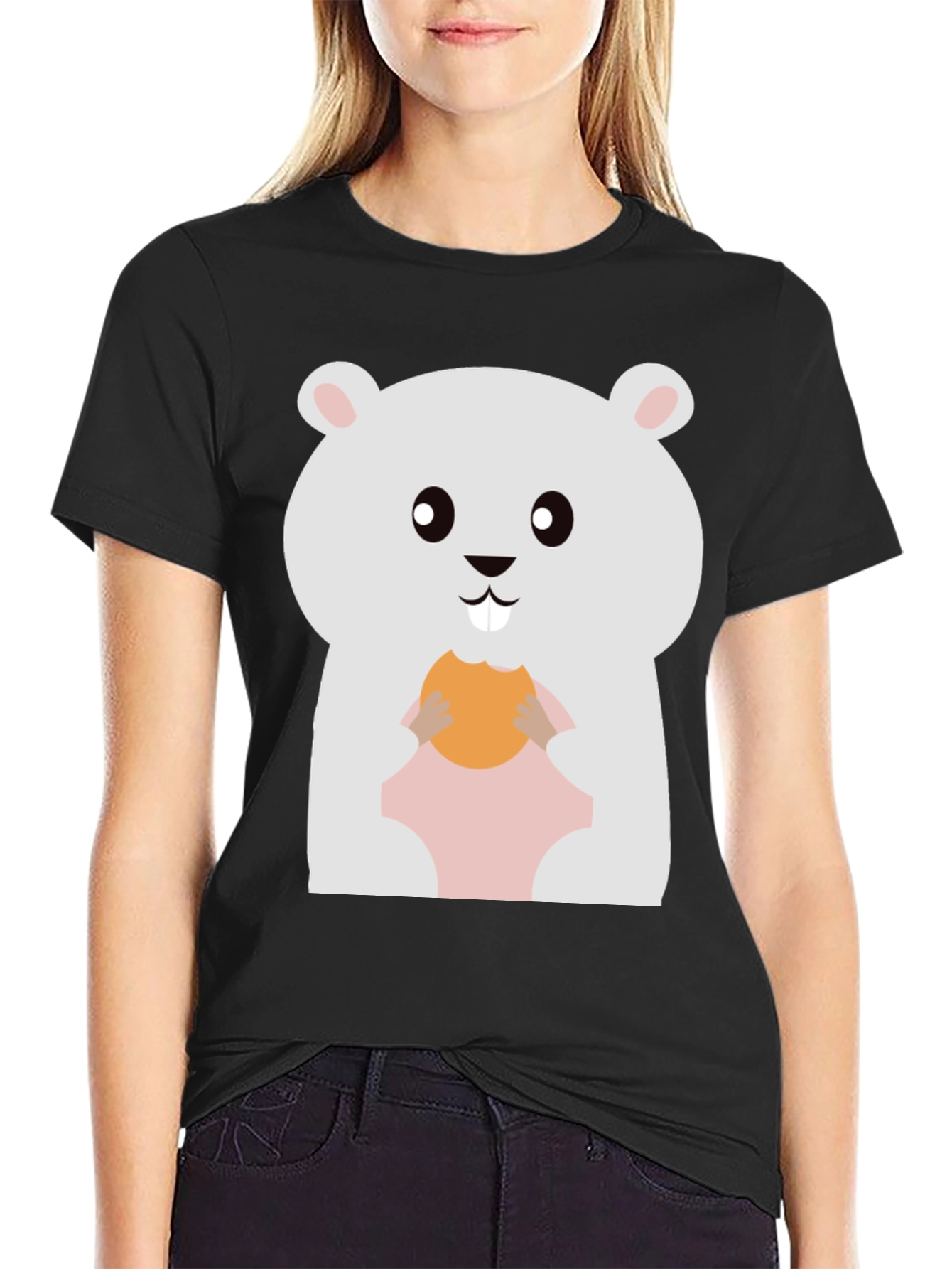 Cute Hamster Eating Cookie Graphic Tee - Black