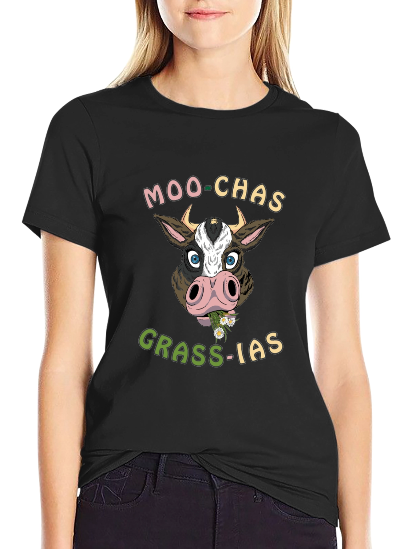 Moo-chas Grass-ias Cow Graphic T-Shirt