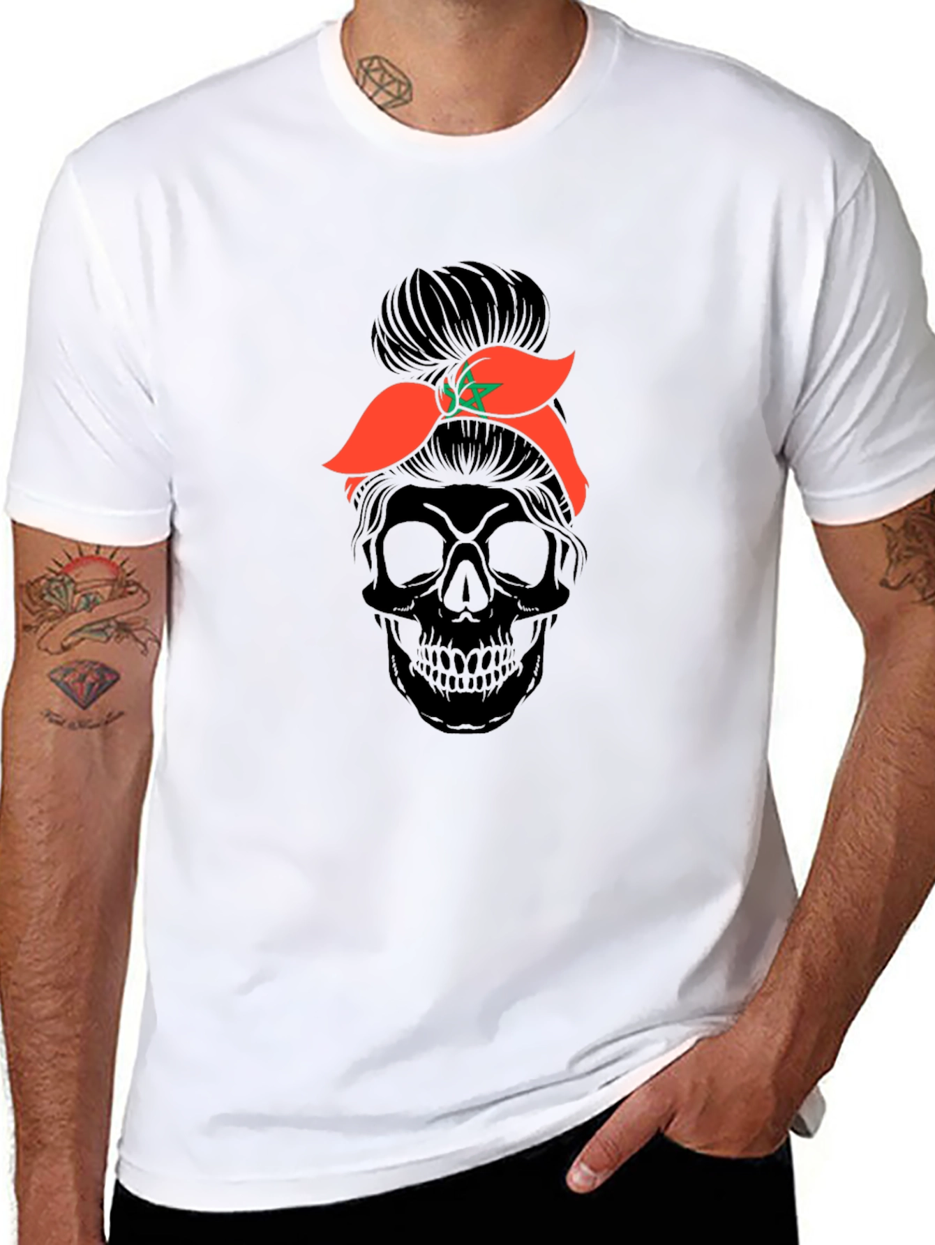 Skull Messy Bun Morocco Flag T-Shirt