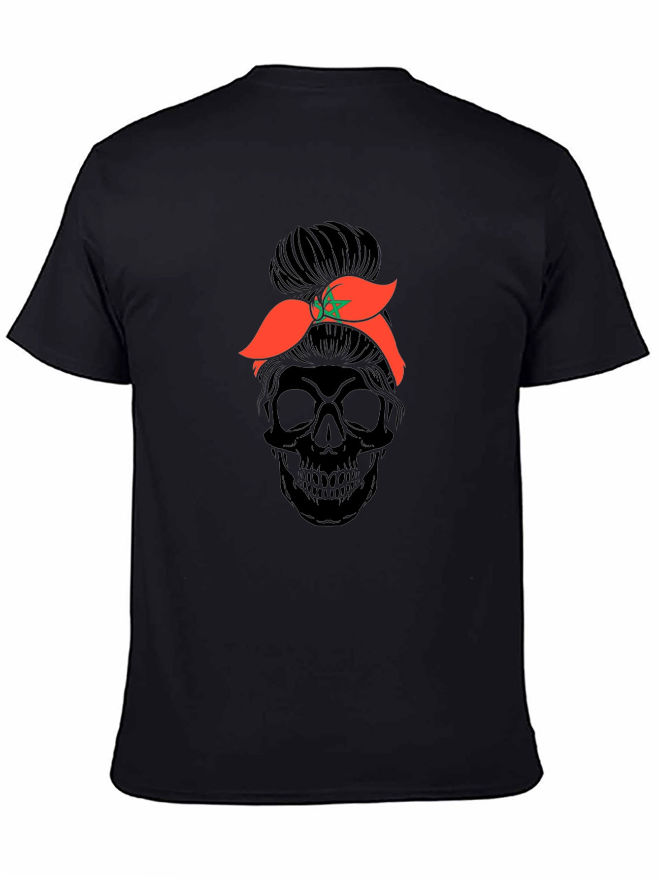 Skull Messy Bun Morocco Flag T-Shirt