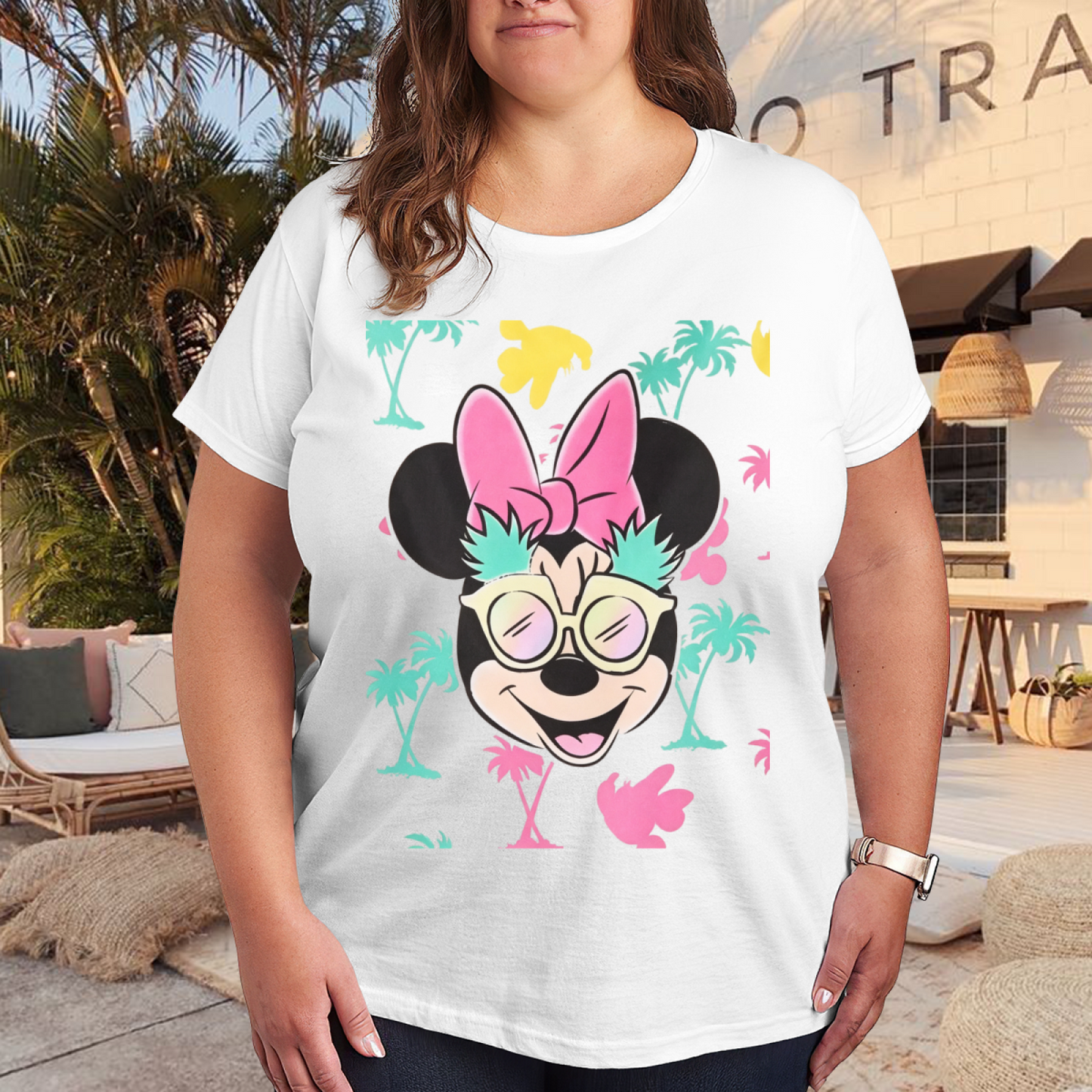Tropical Summer Minnie Mouse Graphic Plus Size Women Tee
