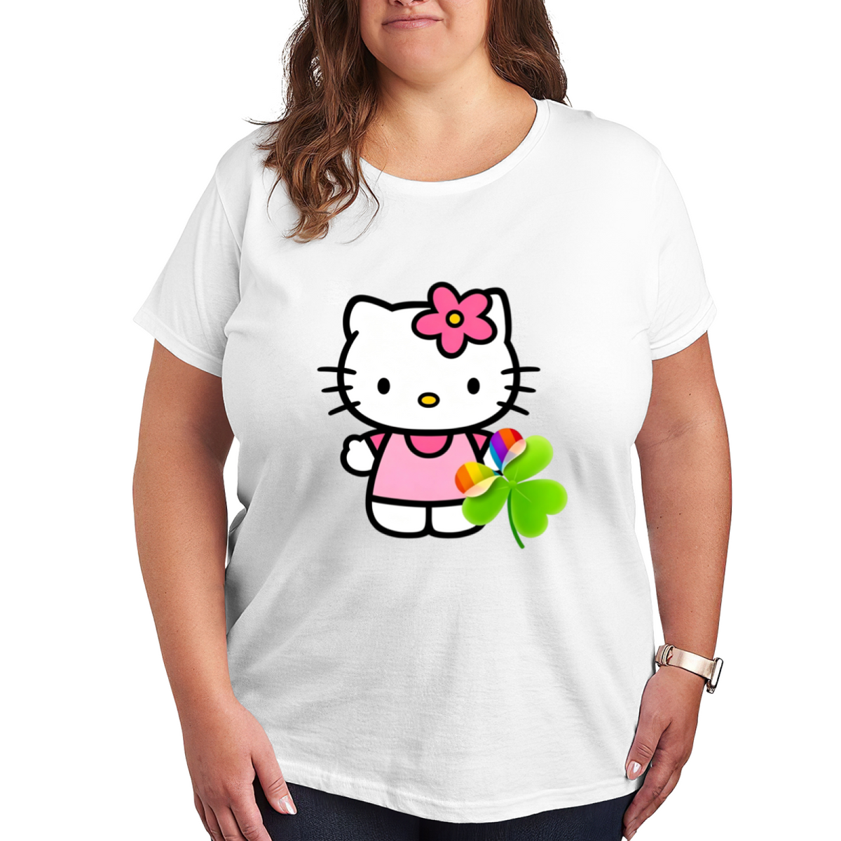 Lucky Clover Rainbow Hello Kitty Cute Plus?Size Casual Tee