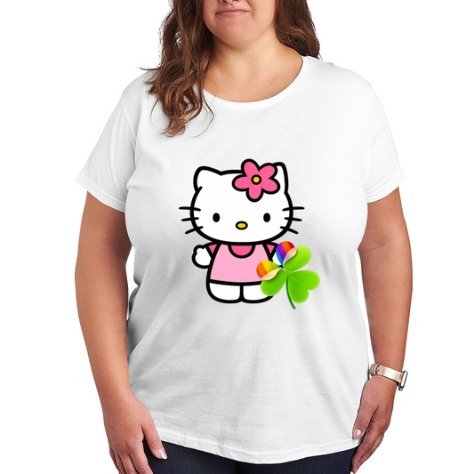 Lucky Clover Rainbow Hello Kitty Cute Plus?Size Casual Tee