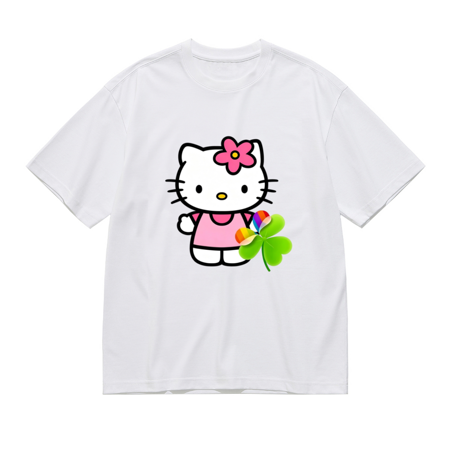 Lucky Clover Rainbow Hello Kitty Cute Plus?Size Casual Tee
