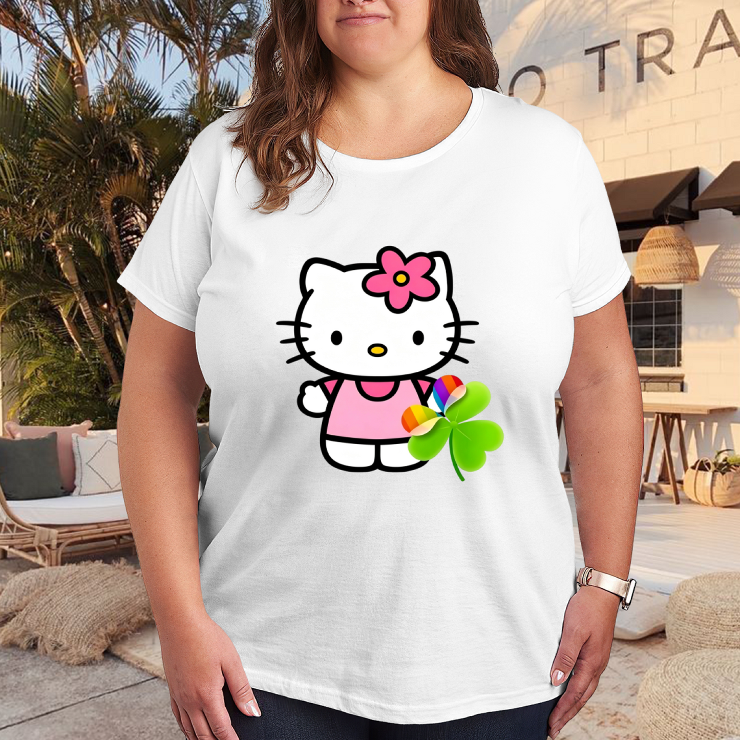 Lucky Clover Rainbow Hello Kitty Cute Plus?Size Casual Tee